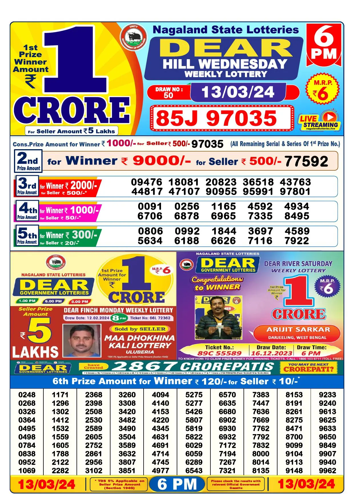 dear lottery result today 6 pm