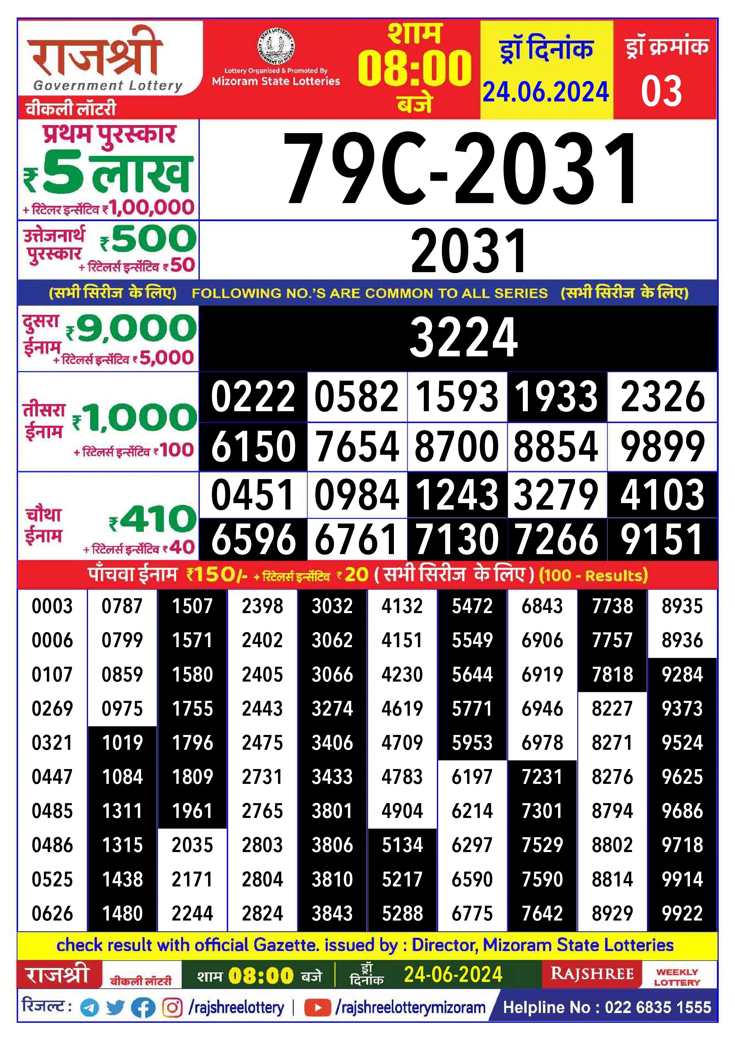 rajshree lottery result today 8pm