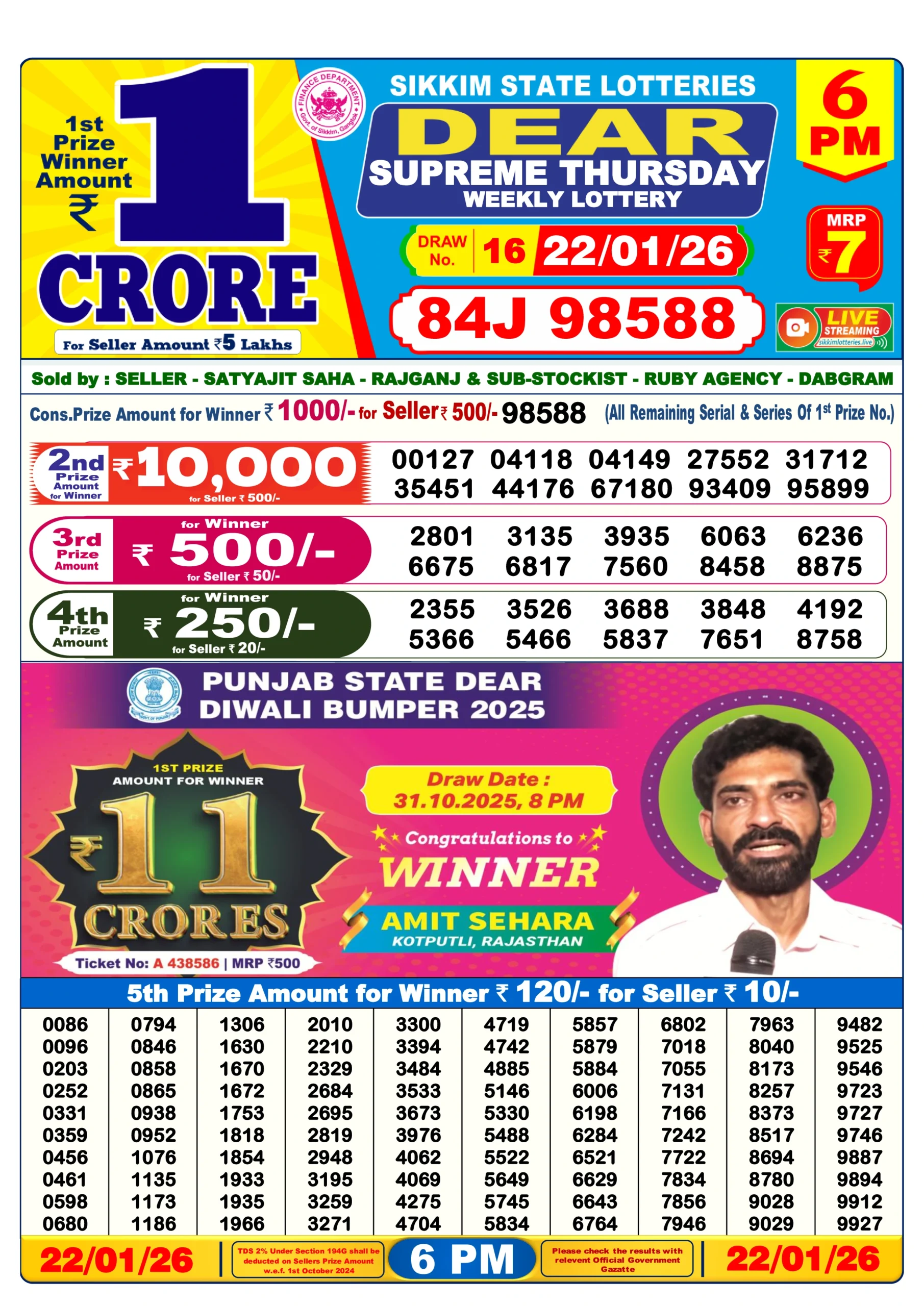 dear lottery result 6 pm dear lottery result today 6 pm 22/01/2026