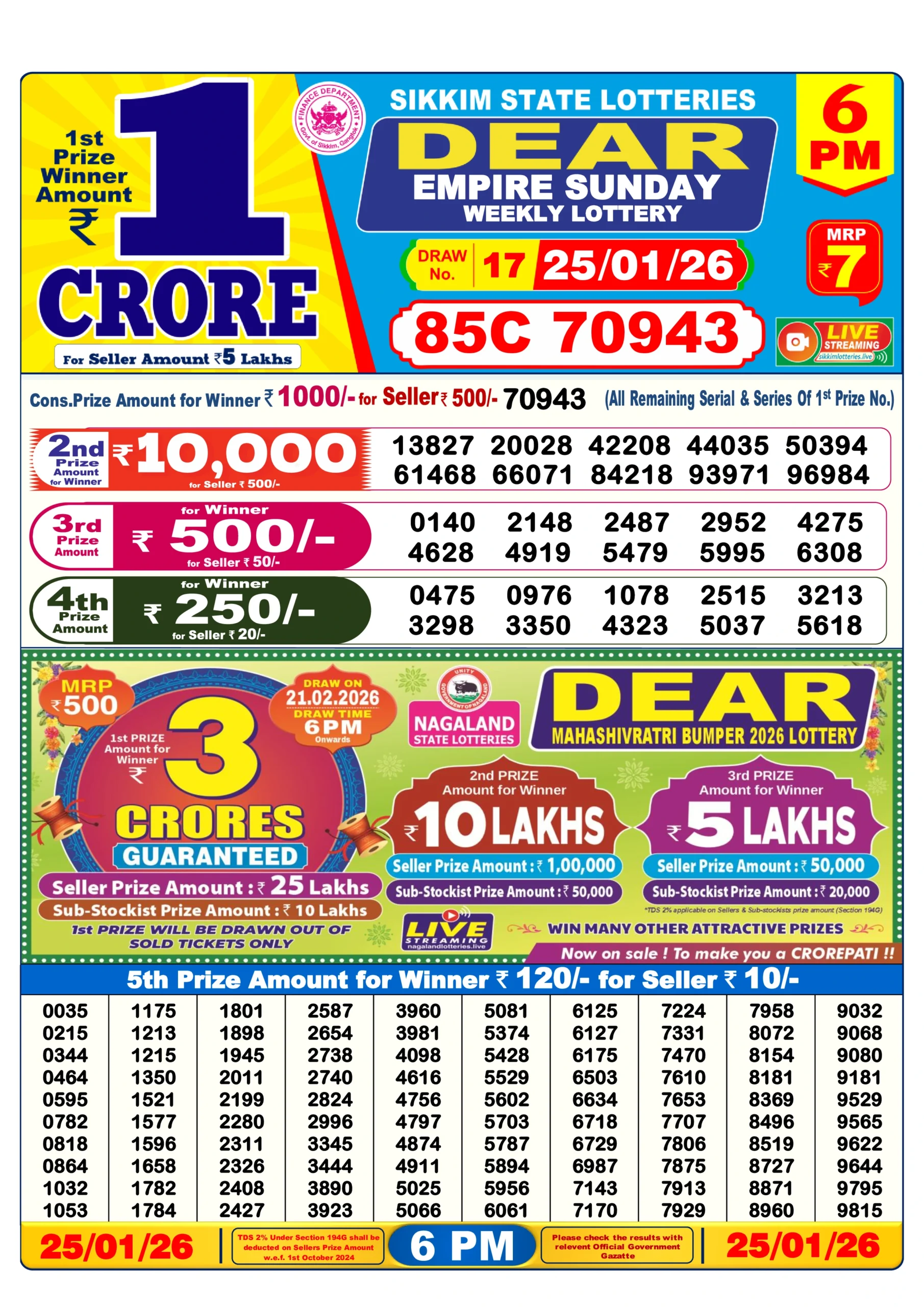 dear lottery result 6 pm 25/01/2026