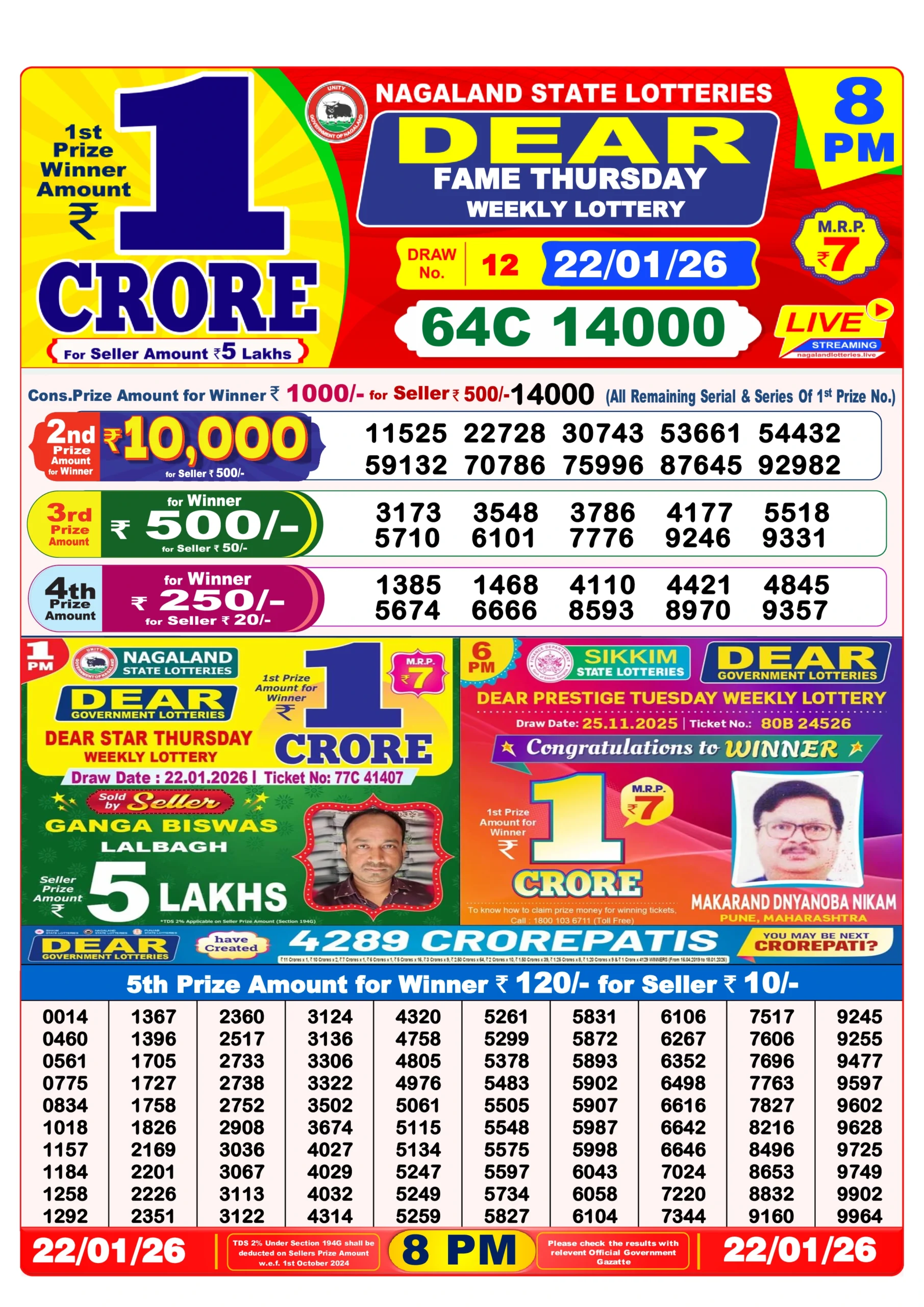 dear lottery result 8 pm dear lottery result today 8 pm 22/01/2026