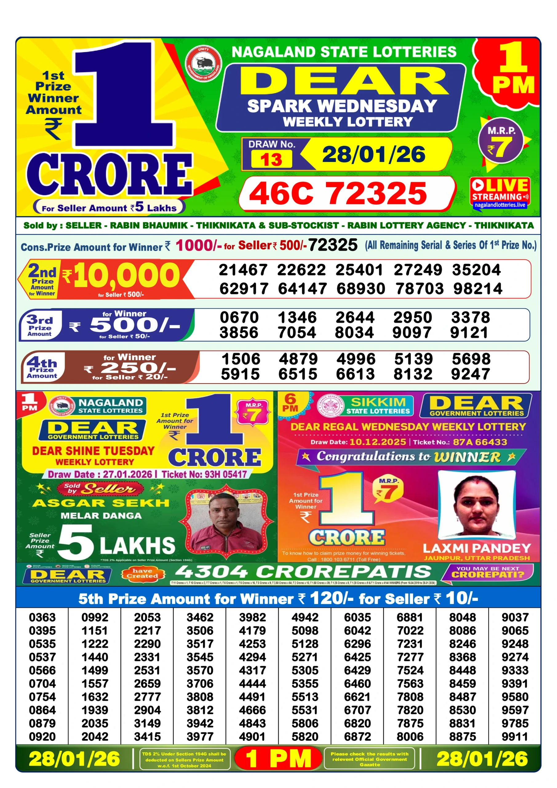 dear lottery result 1 pm dear lottery result today 28/01/2026