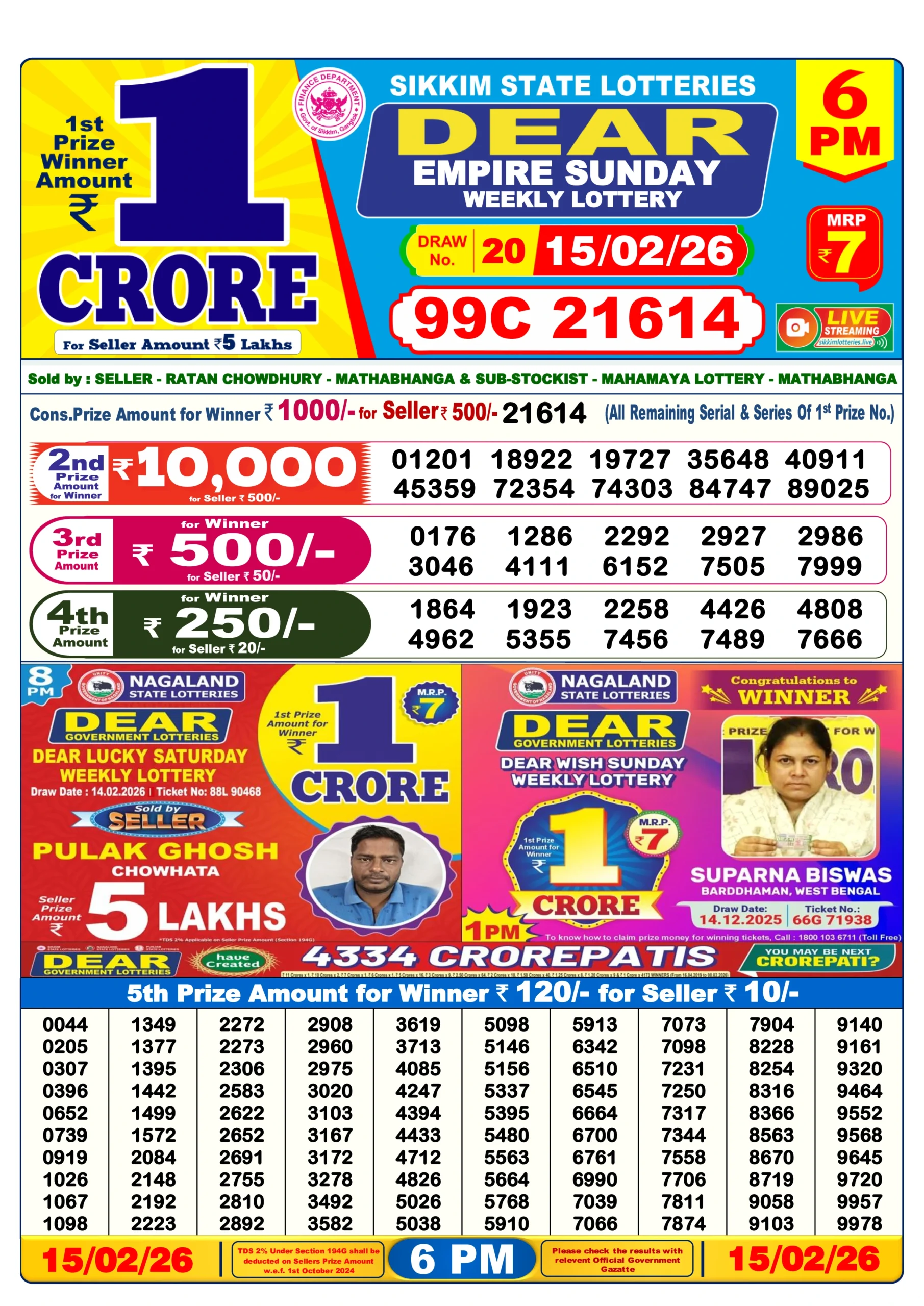 DEAR Lottery Result Today 1 PM, 6 PM, 8 PM (16 February 2026)