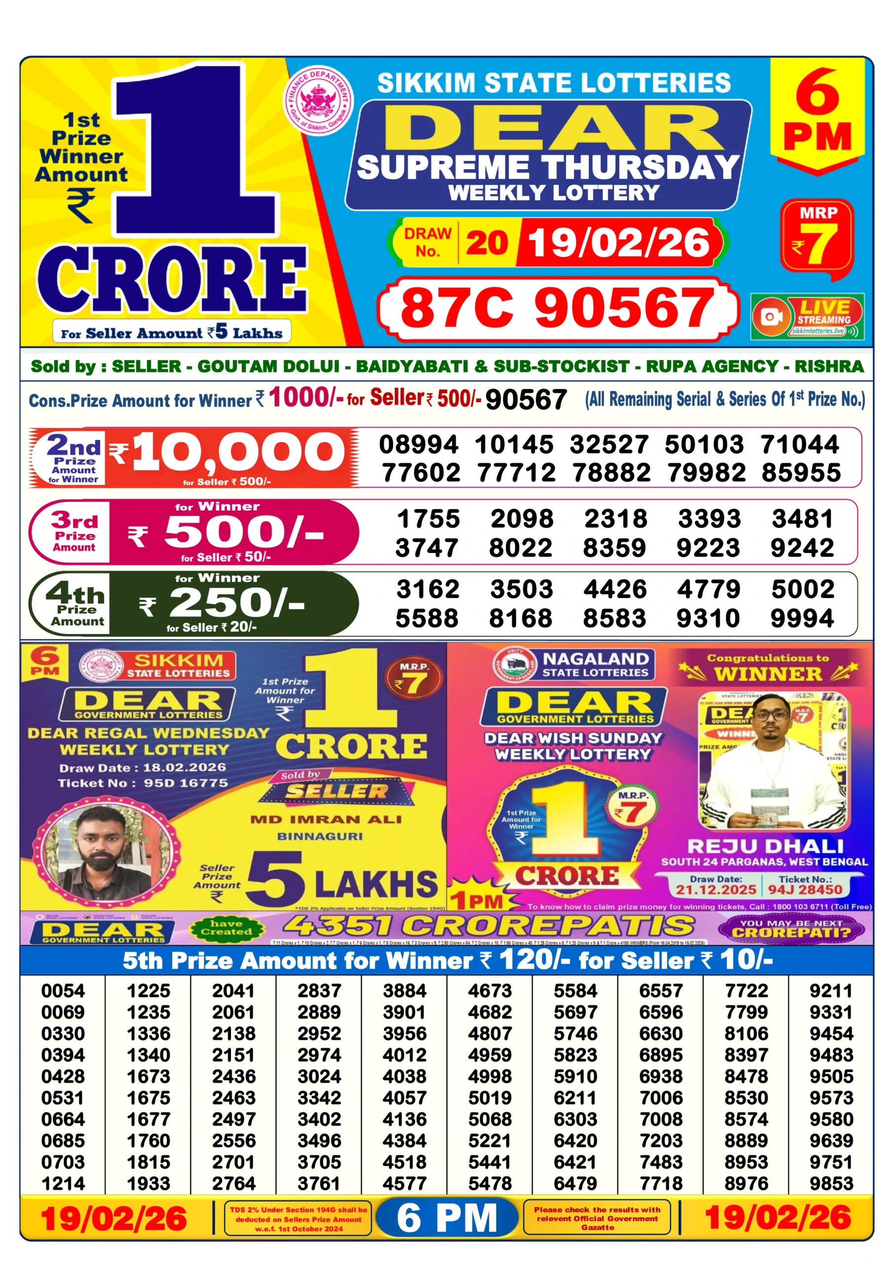 DEAR Lottery Result Today 1 PM, 6 PM, 8 PM (20 February 2026)