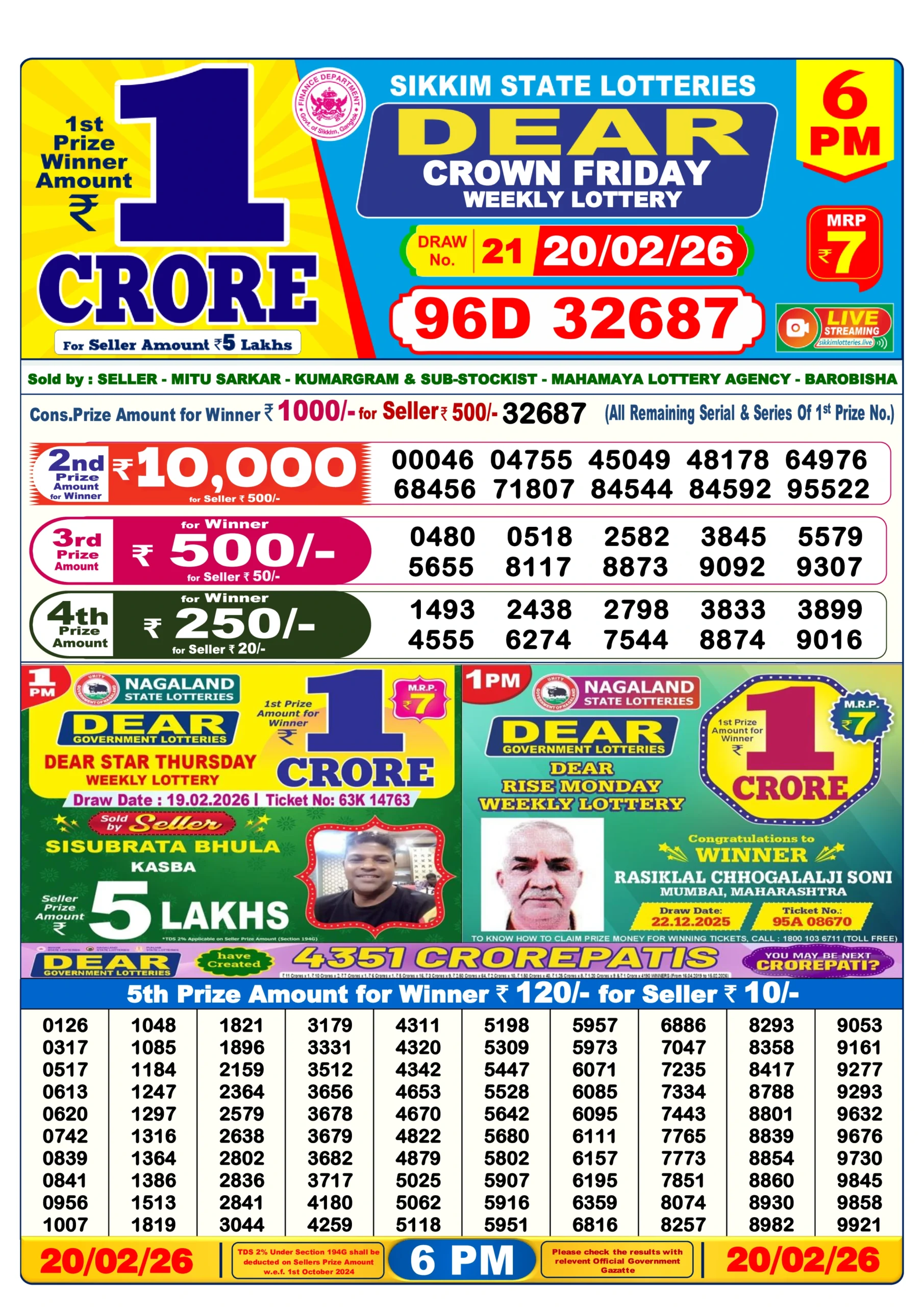 DN200226 DEAR Lottery Result Today 1 PM, 6 PM, 8 PM (21 February 2026)