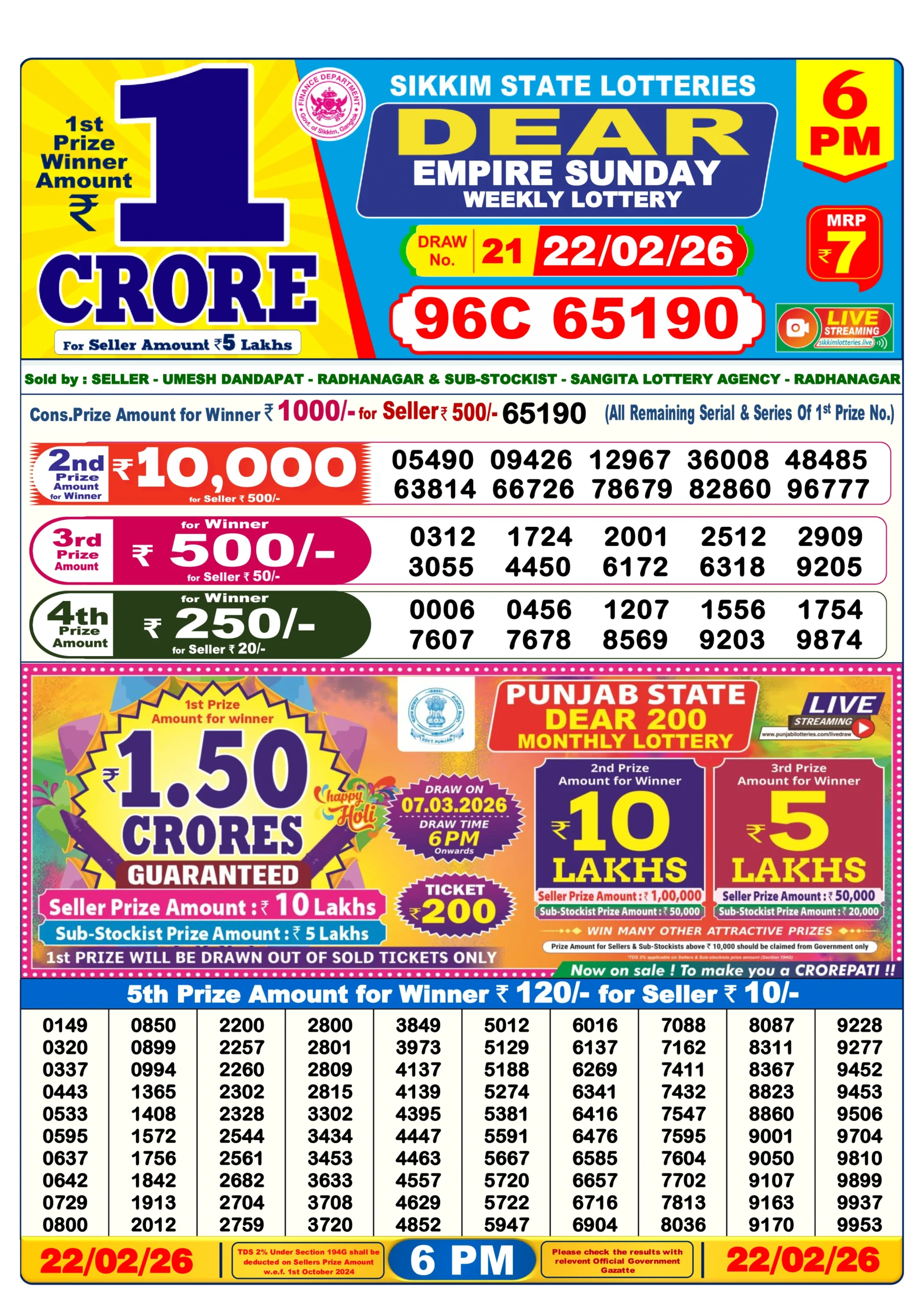 DN220226 DEAR Lottery Result Today 1 PM, 6 PM, 8 PM (23 February 2026)