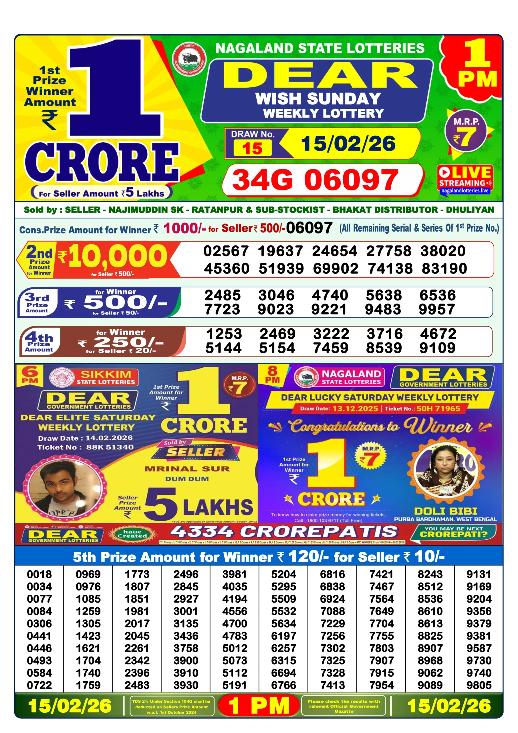 MN150226 DEAR Lottery Result Today 1 PM (15 February 2026)