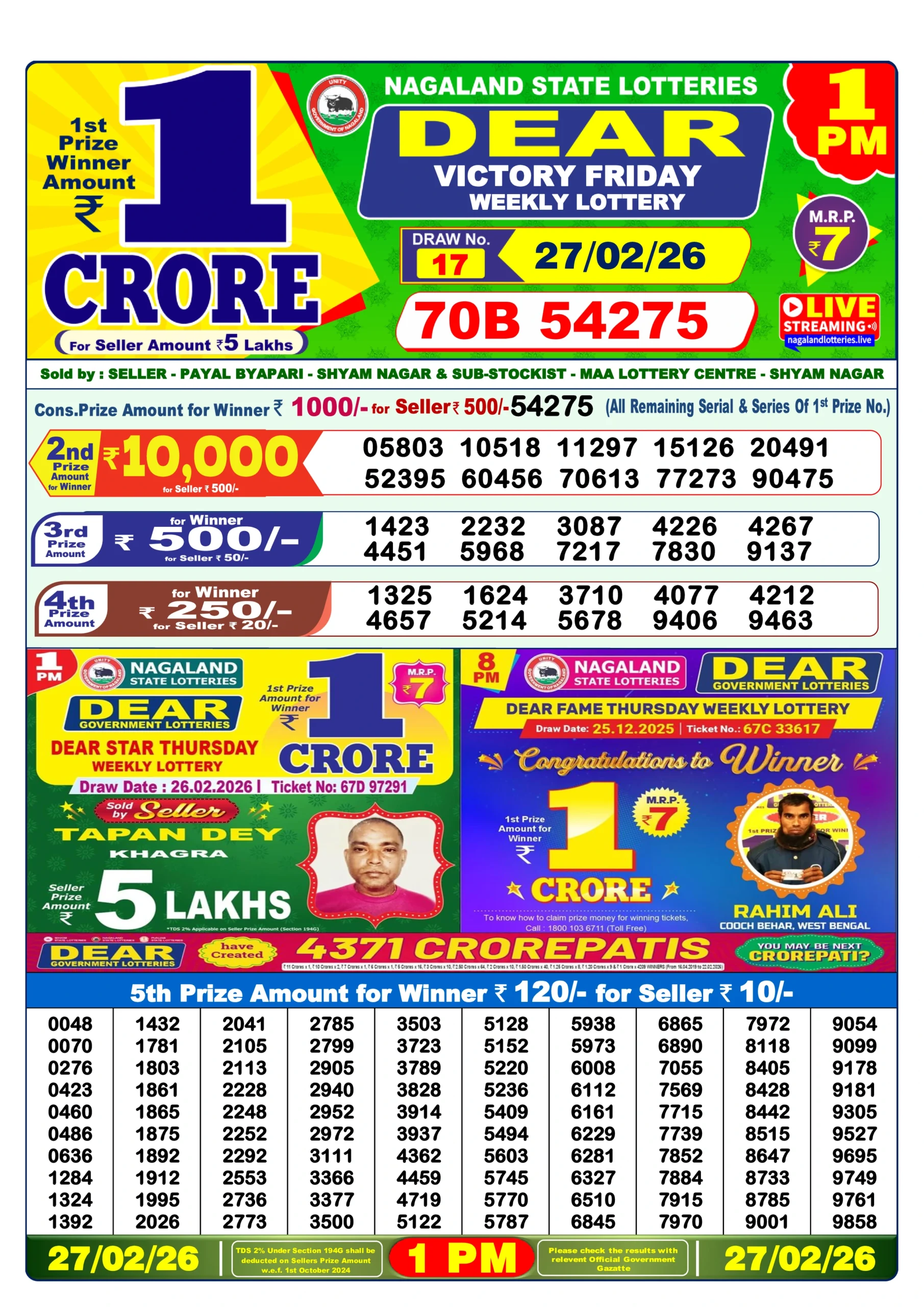 dear lottery result 1 pm Dear lottery result today 1 pm 27/02/2026