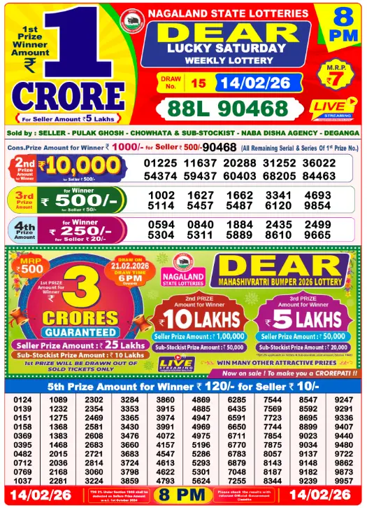 DEAR Lottery Result Today 1 PM, 6 PM, 8 PM (15 February 2026)