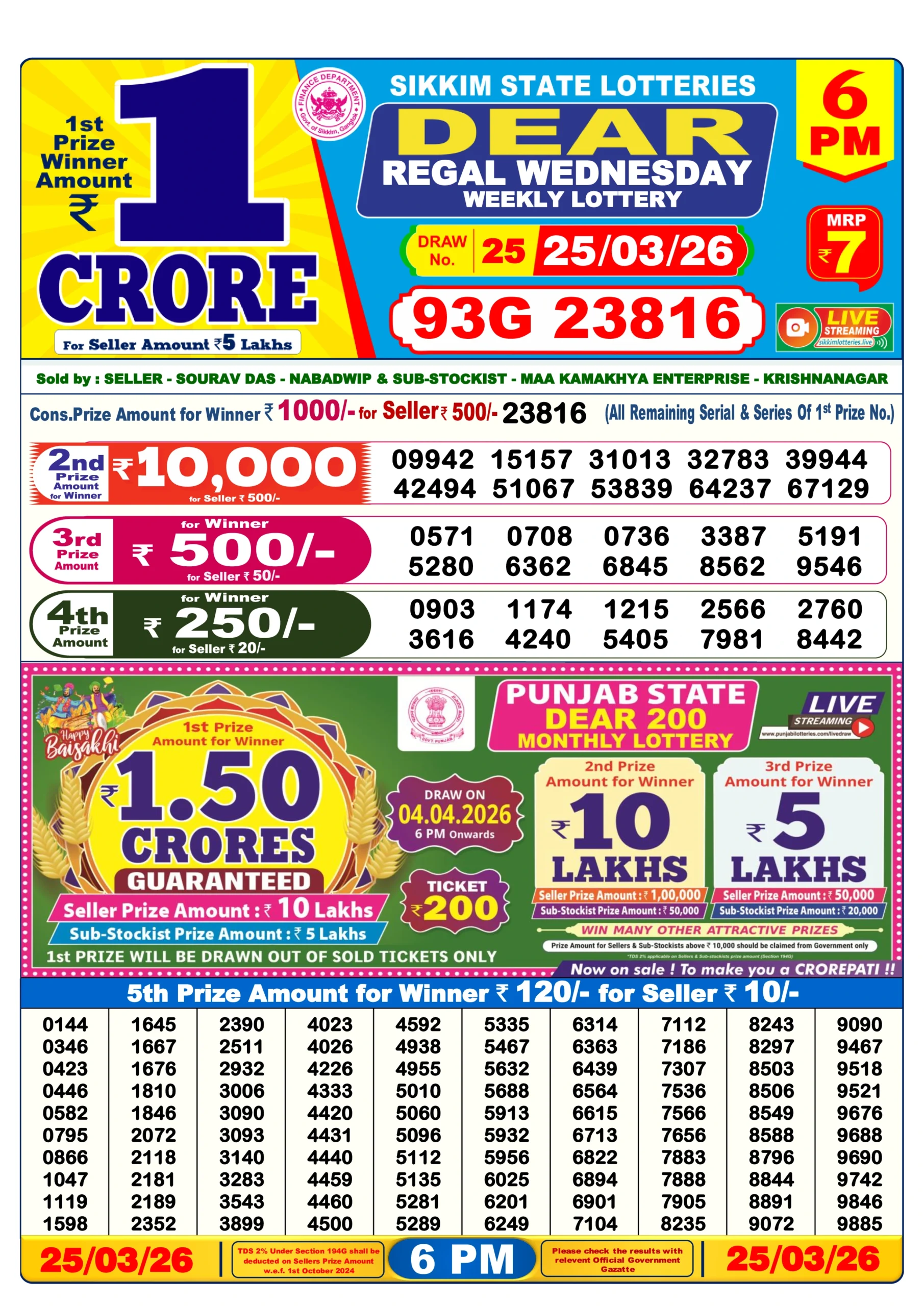 DEAR Lottery Result Today 6 pm 25/03/2026