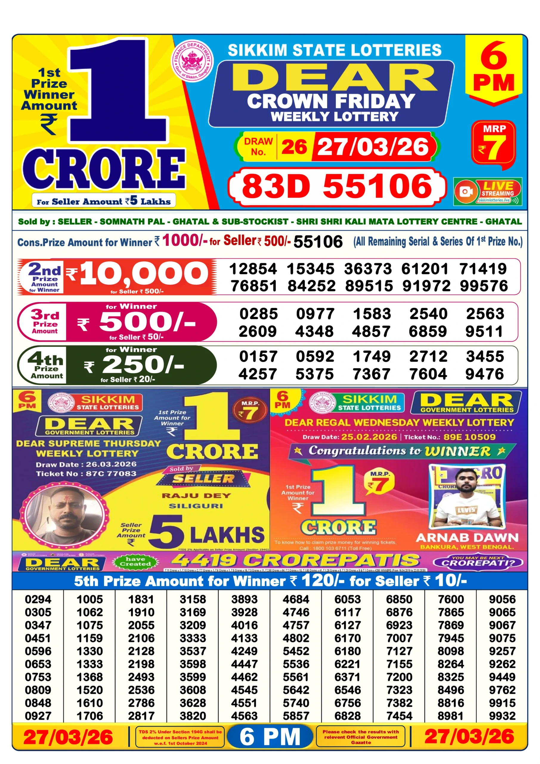 dear lottery 6 pm dear lottery result 6 pm 27/03/2026