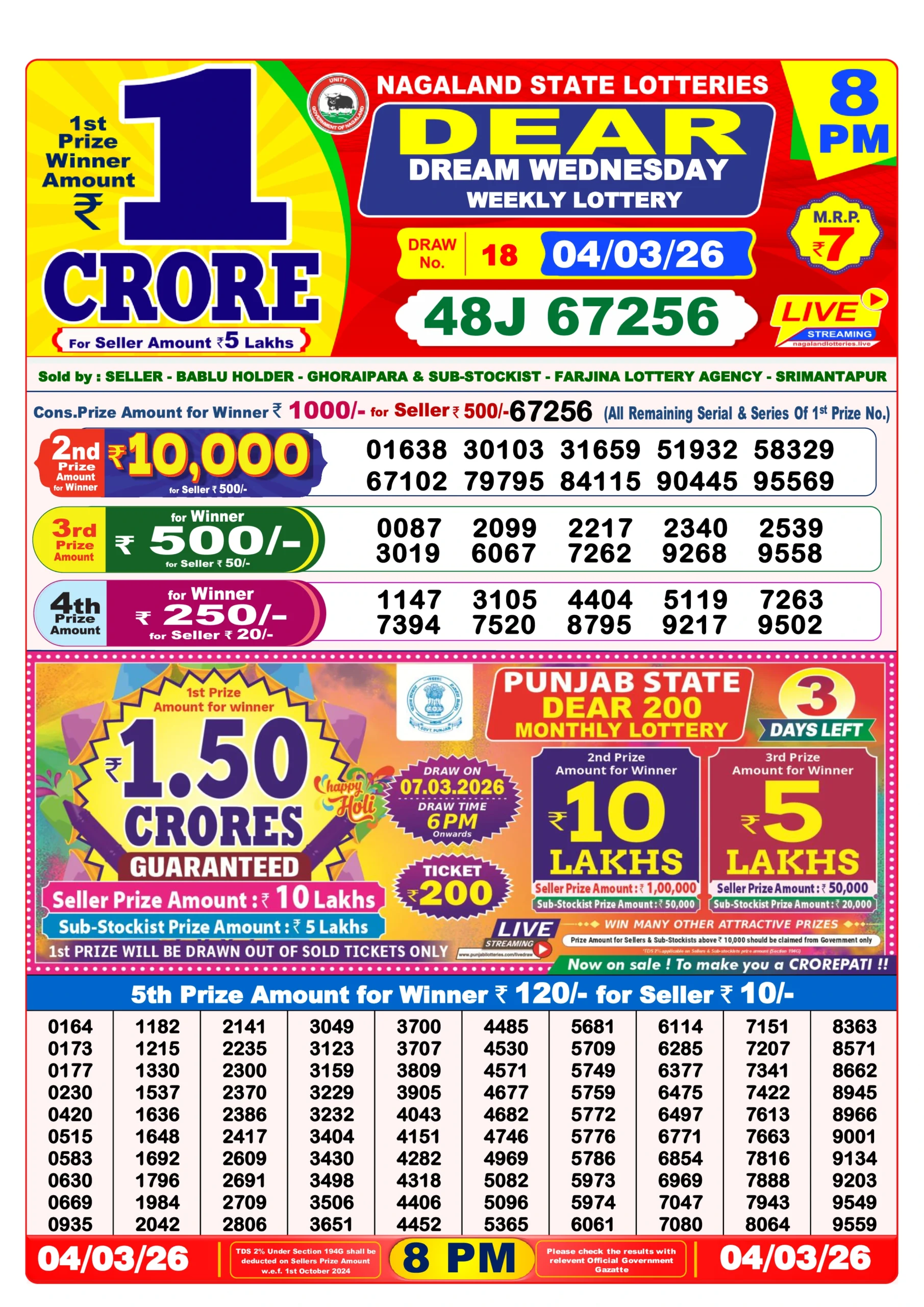 Dear Lottery Result Today 8 PM (05 March 2026)