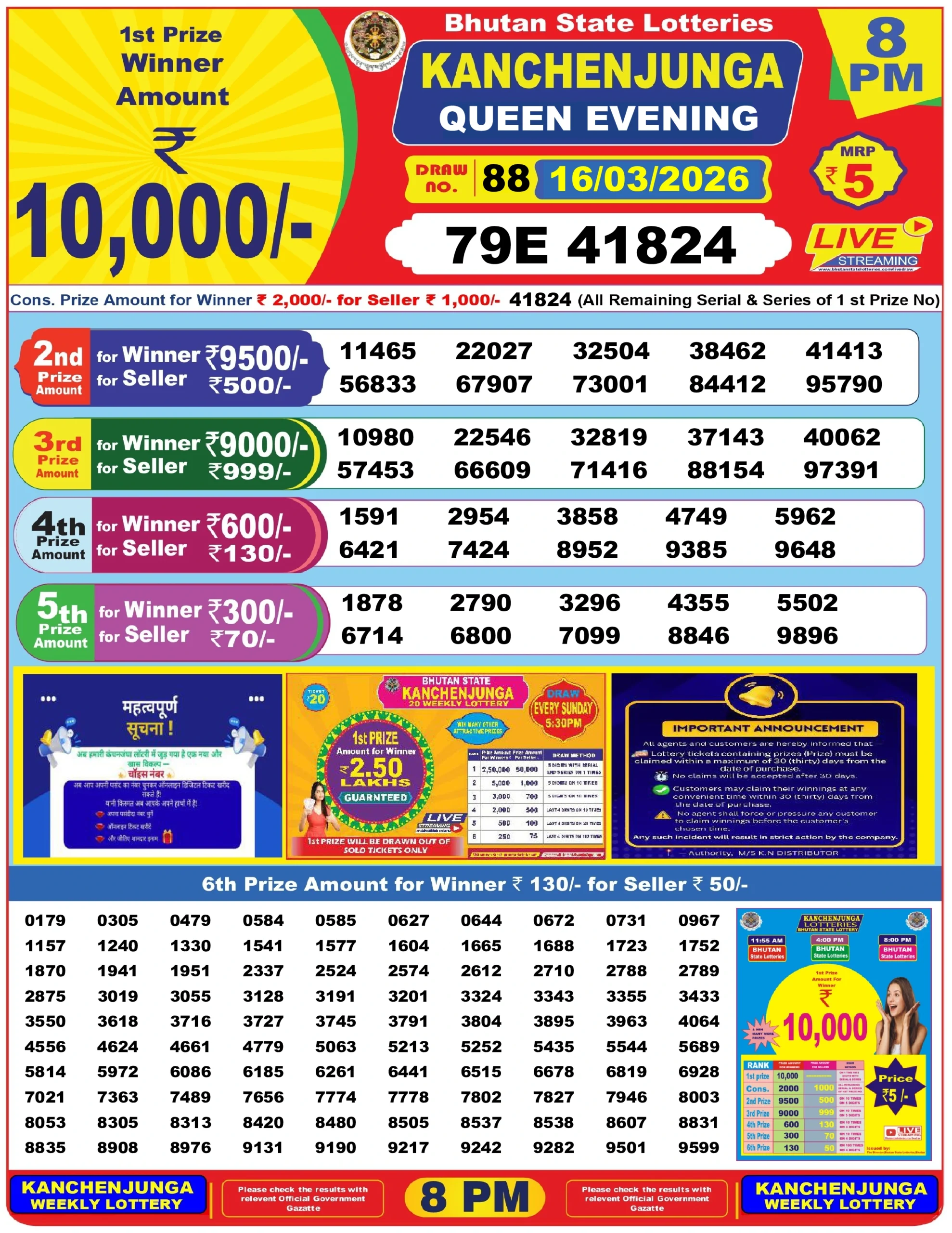 bhutan lottery result 8 pm 16/03/2026