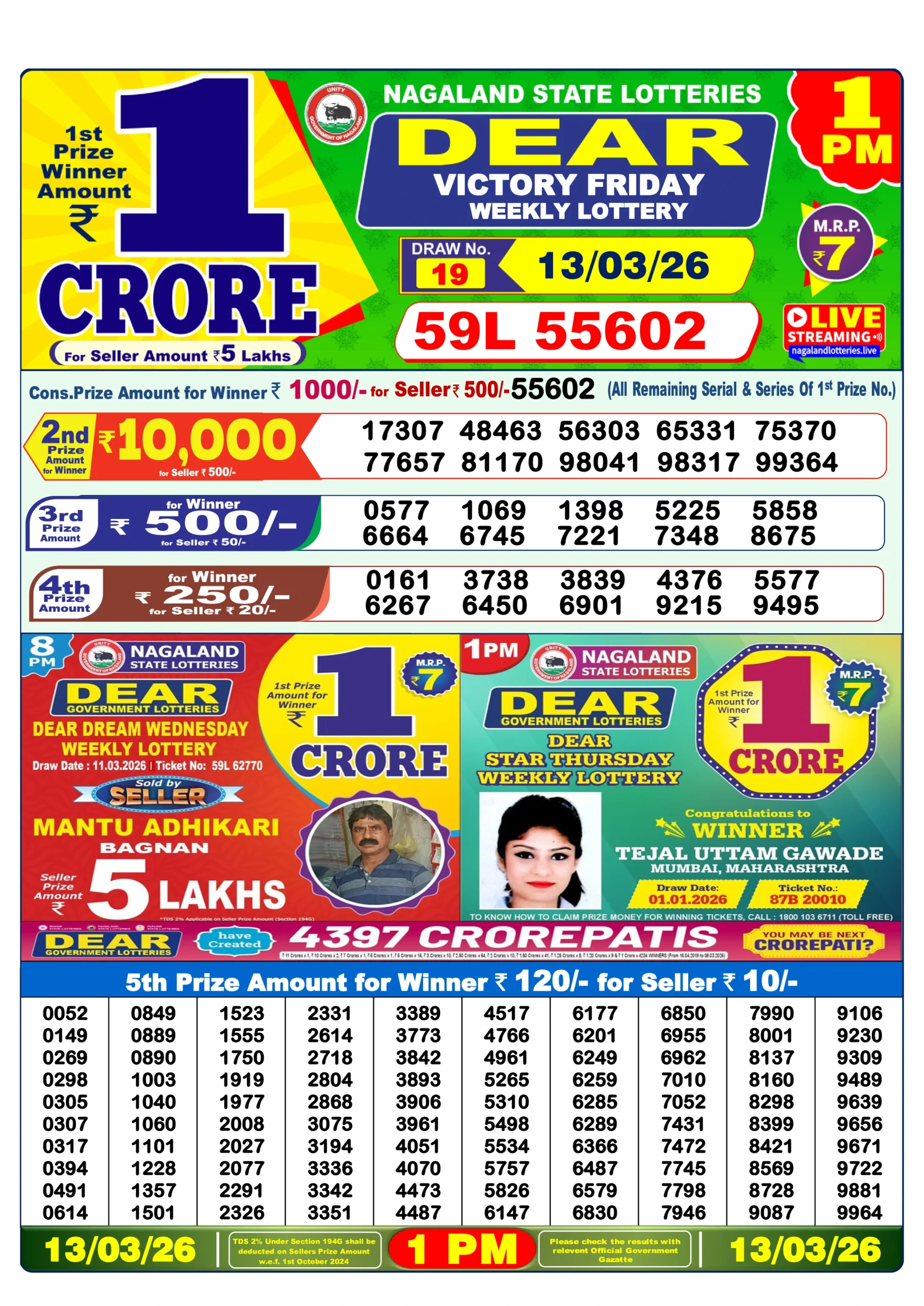 dear lottery result 1 pm 13/03/2026