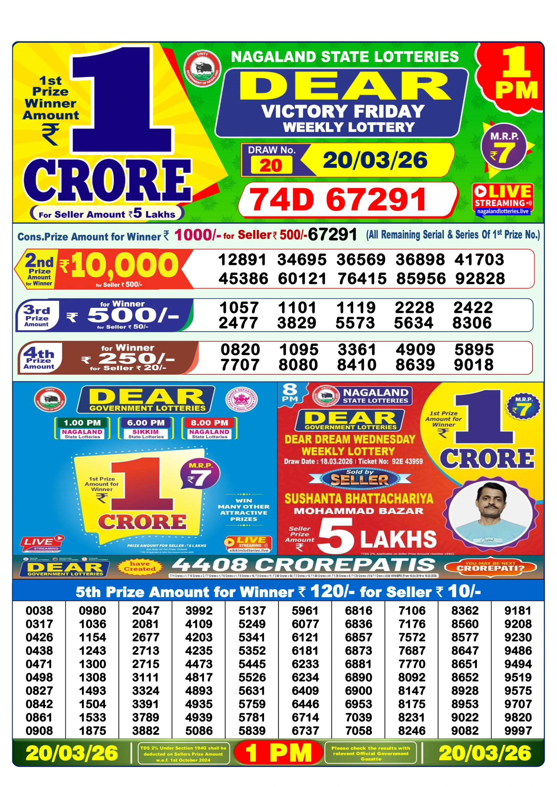 DEAR LOTTERY 1 PM DEAR LOTTERY RESULT TODAY 1 PM 20/03/2026