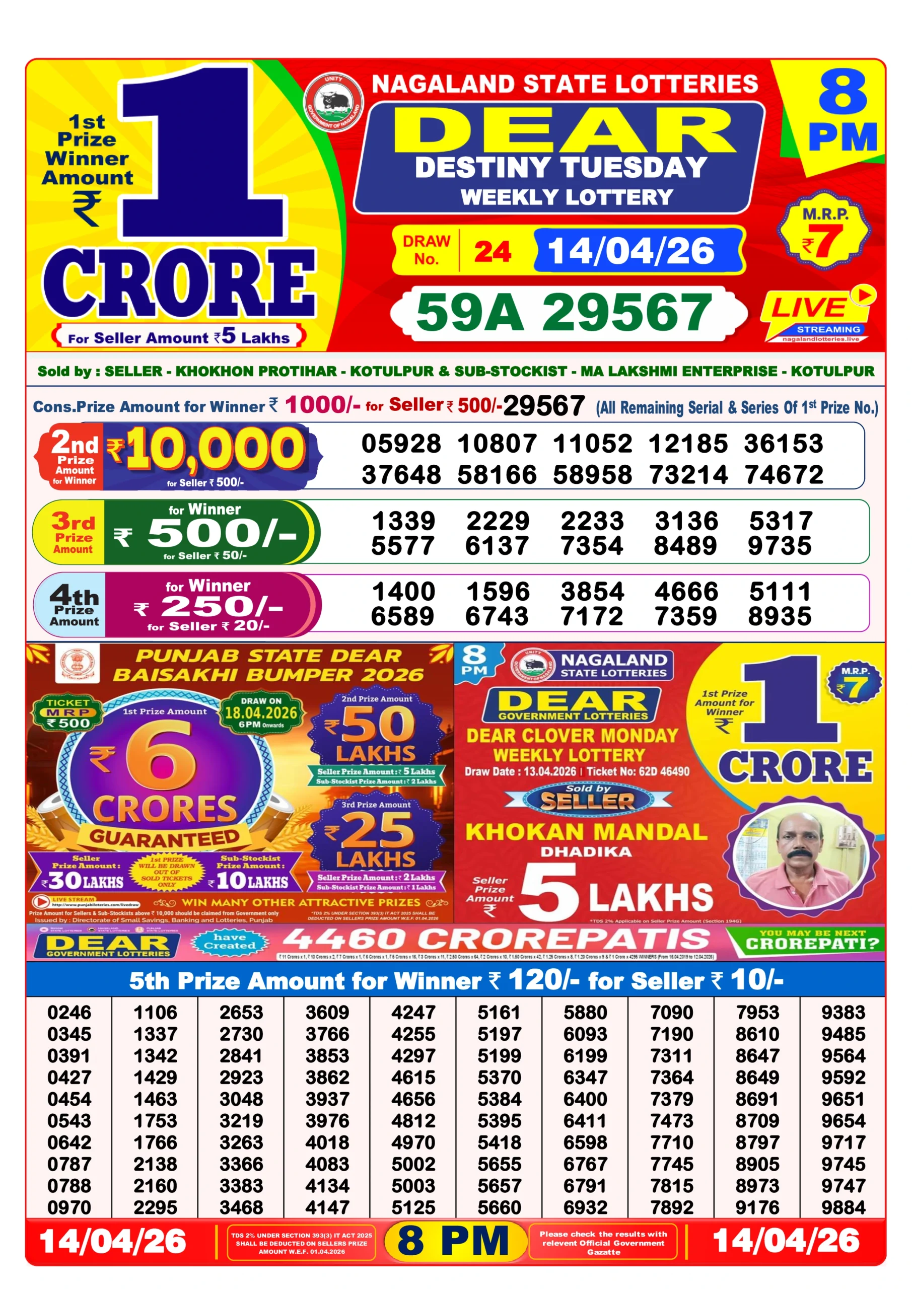 dear lottery result 8 pm 14/04/2026