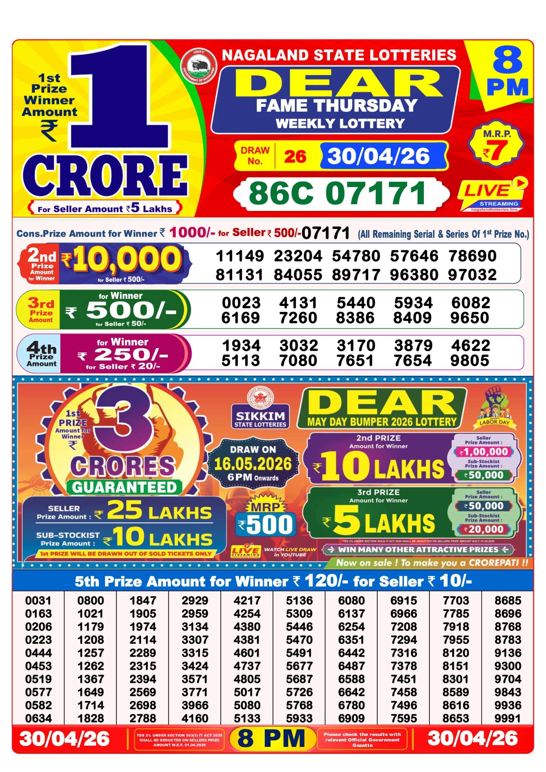 Dear Lottery Result Today 8 PM (30 April 2026)