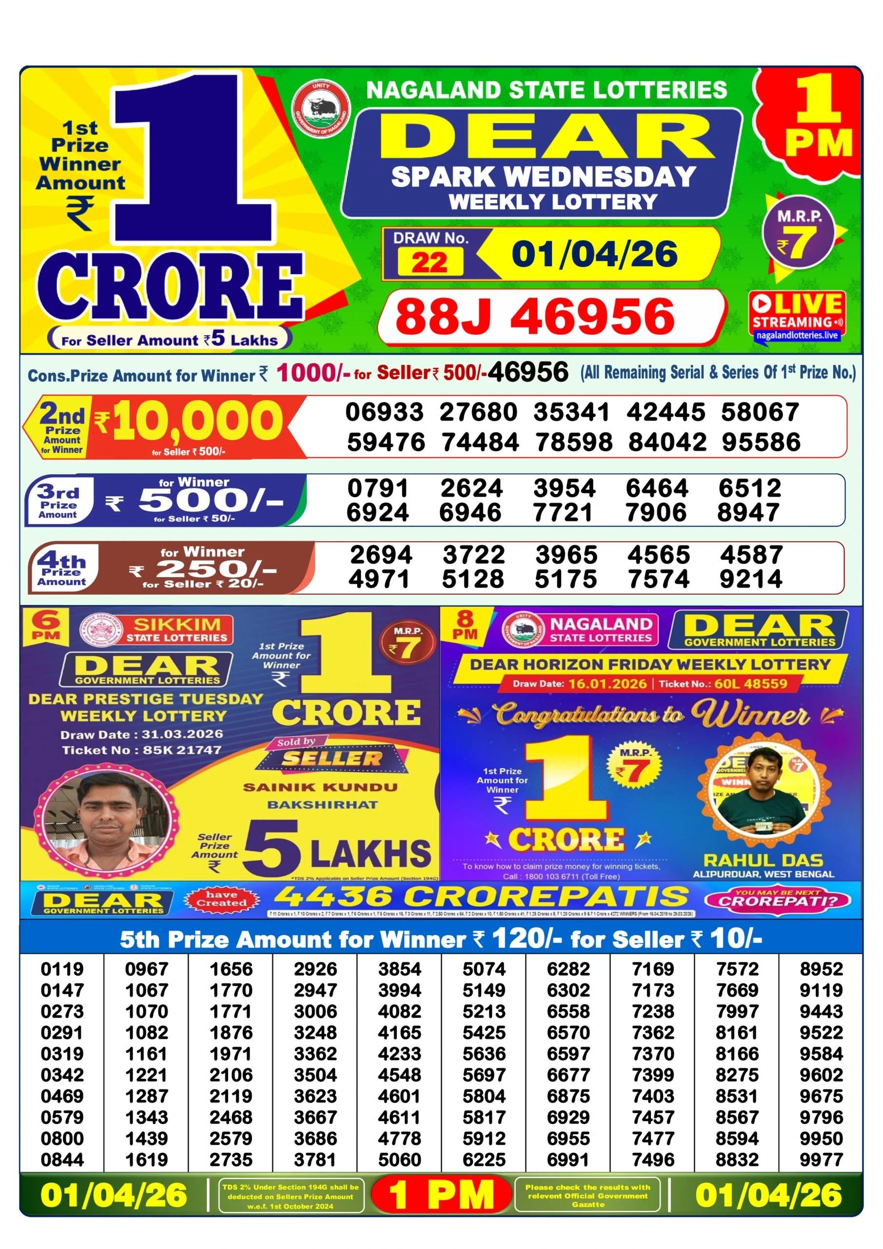 dear lottery result today 1 pm 01/04/2026