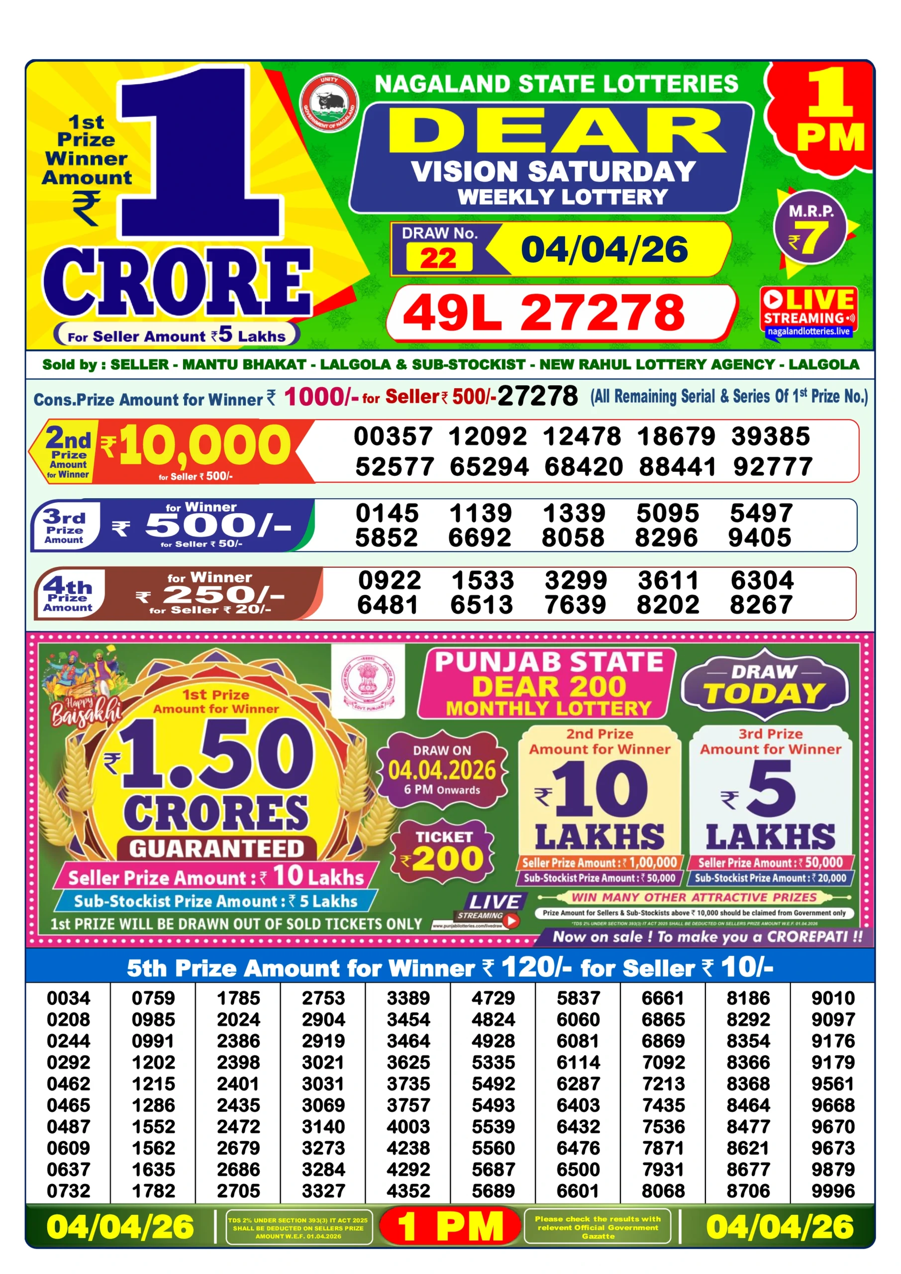 dear lottery result 1 pm 04/04/2026