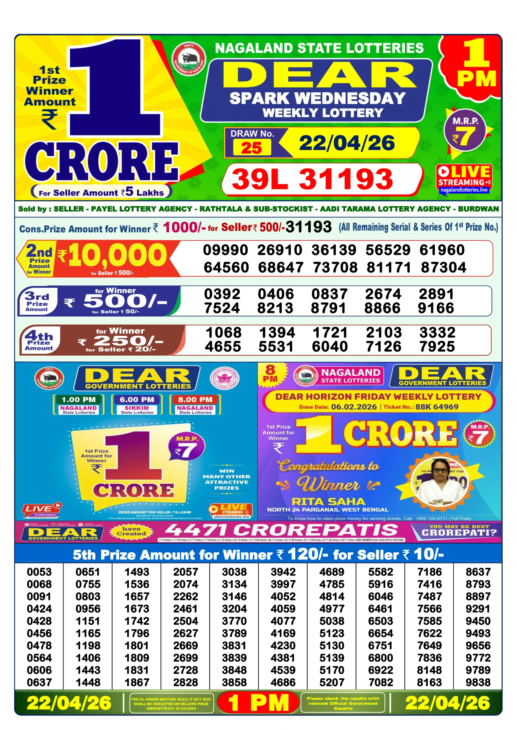 dear lottery result today 1 pm 22/04/2026