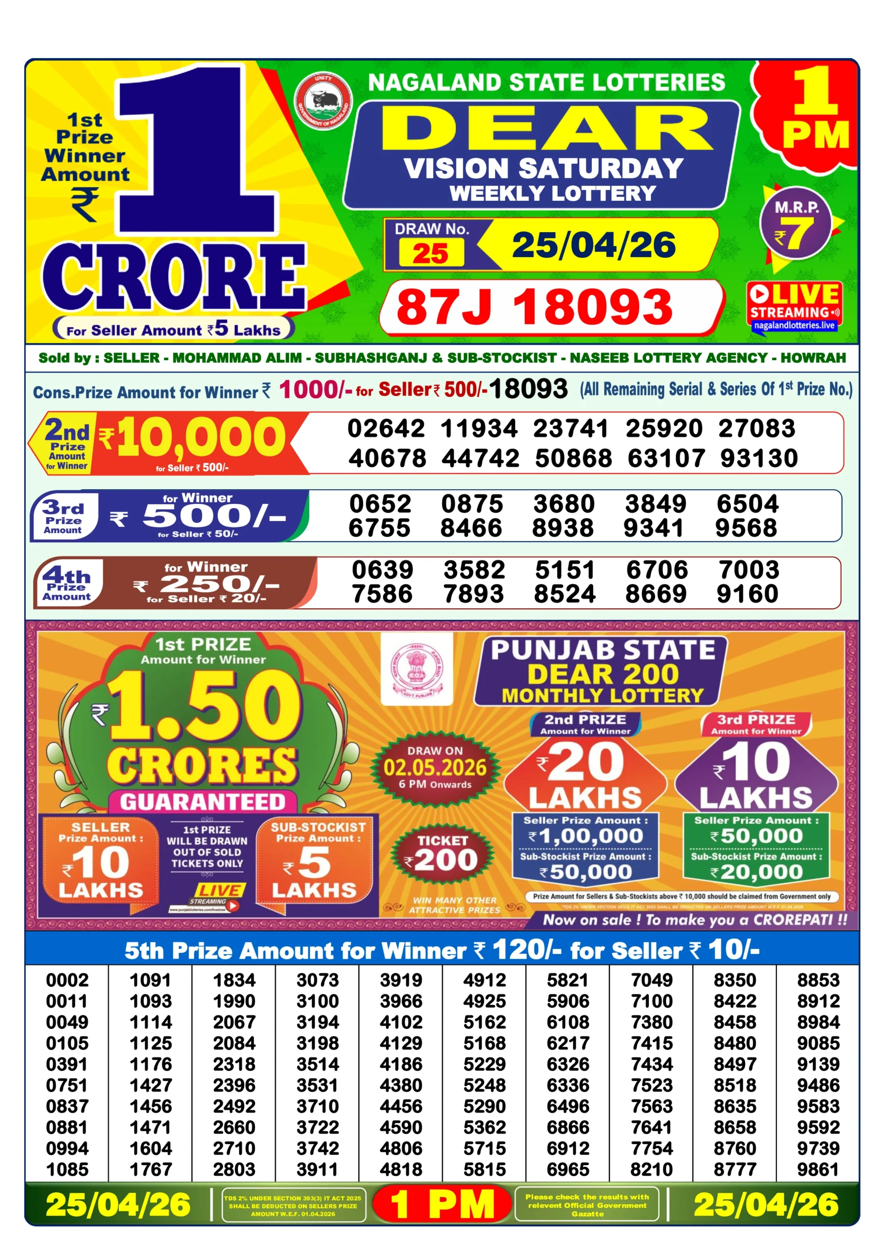 dear lottery result today 1 pm 25/04/2026