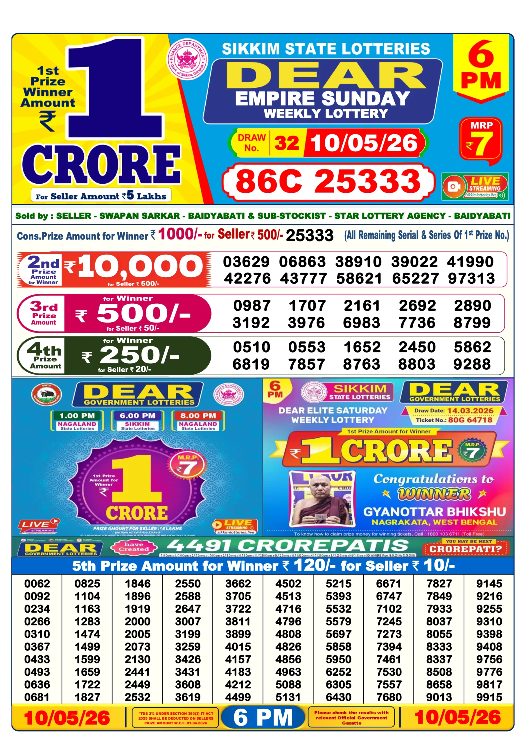 dear lottery 6 pm