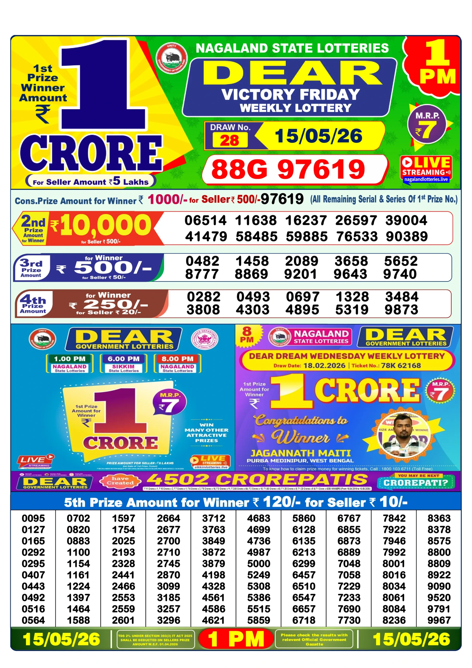 Dear Lottery Result 1 pm 15/05/2026