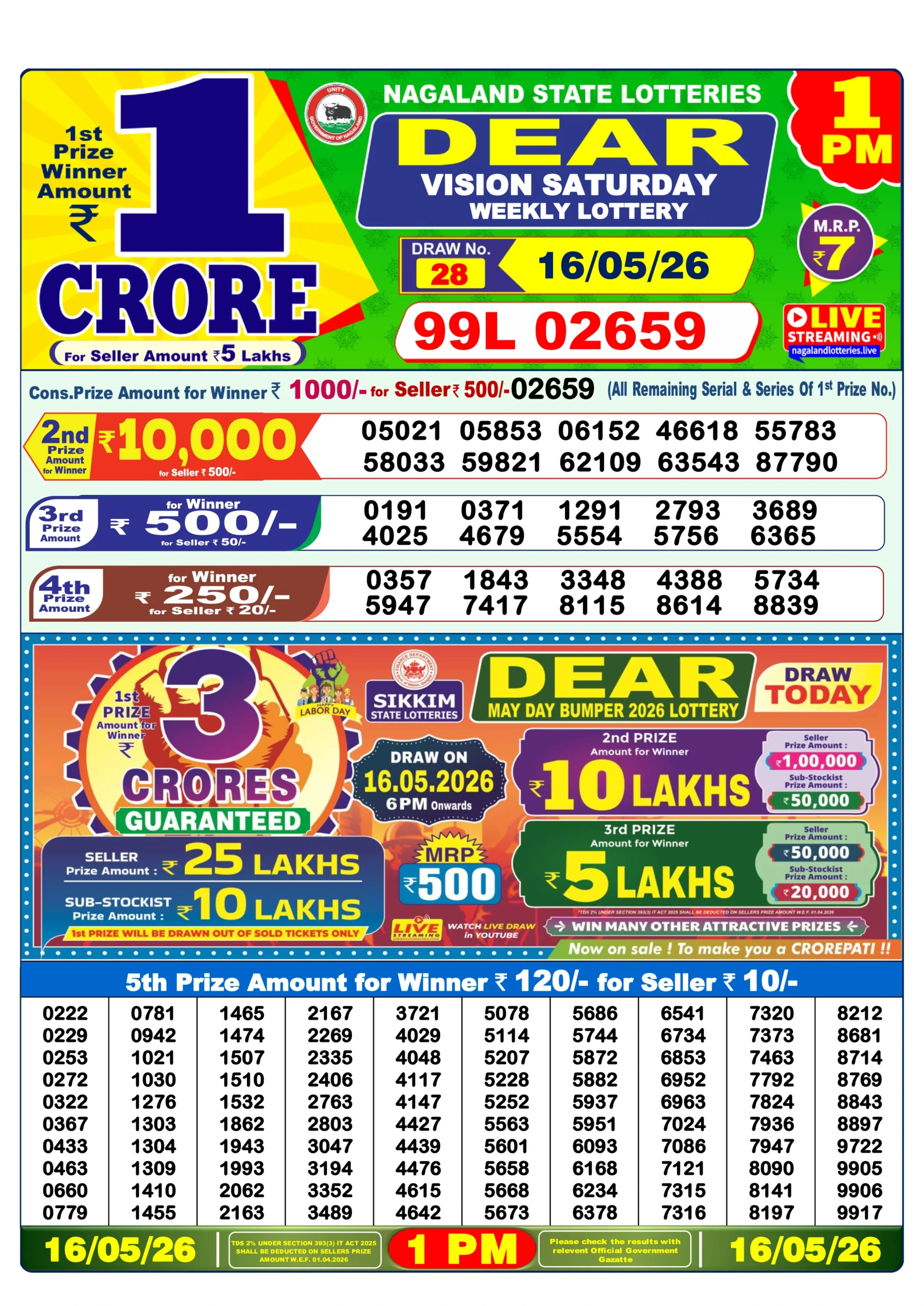 dear lottery result today 1 pm 16/05/2026