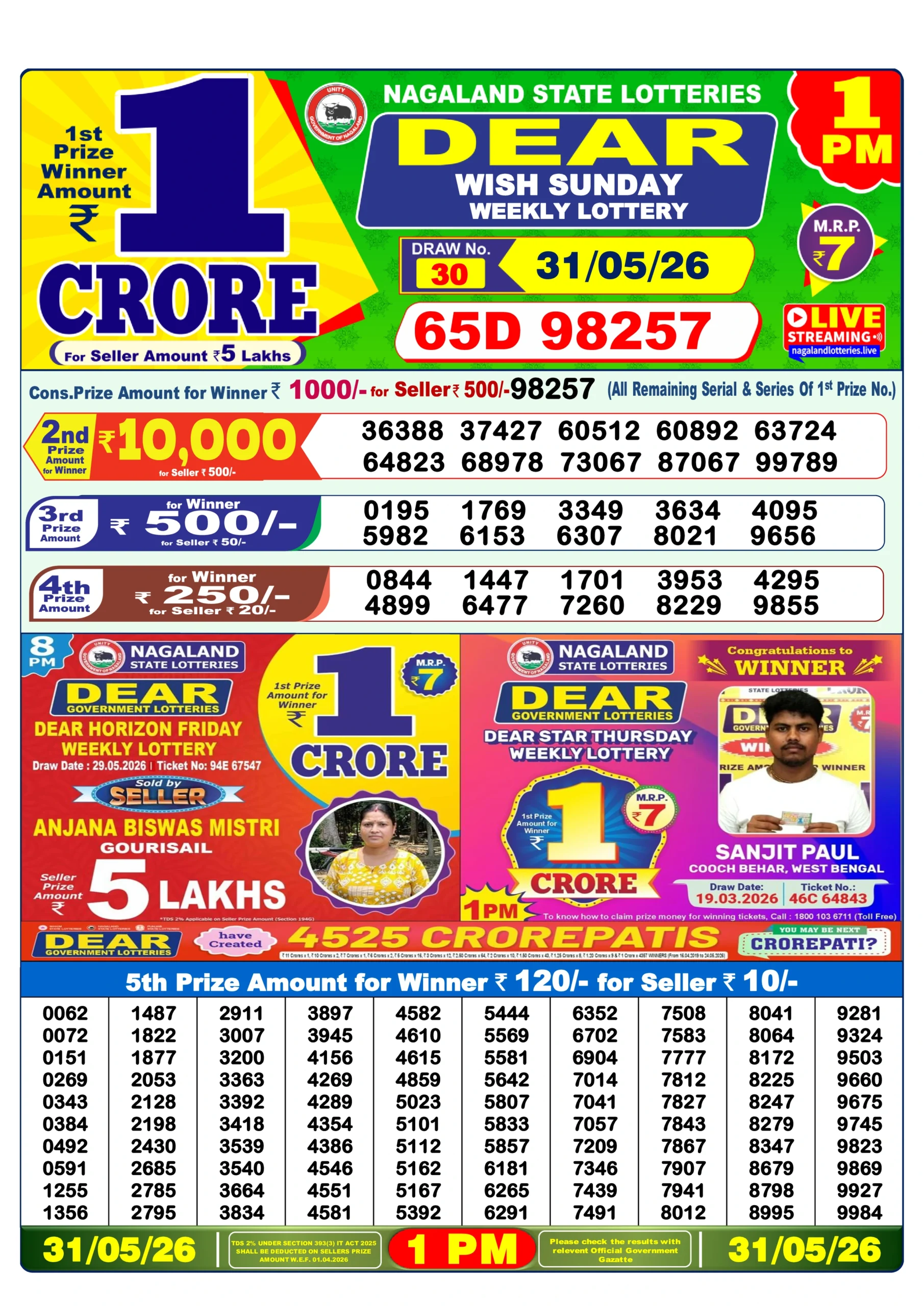 dear lottery result 1 pm 31/05/2026