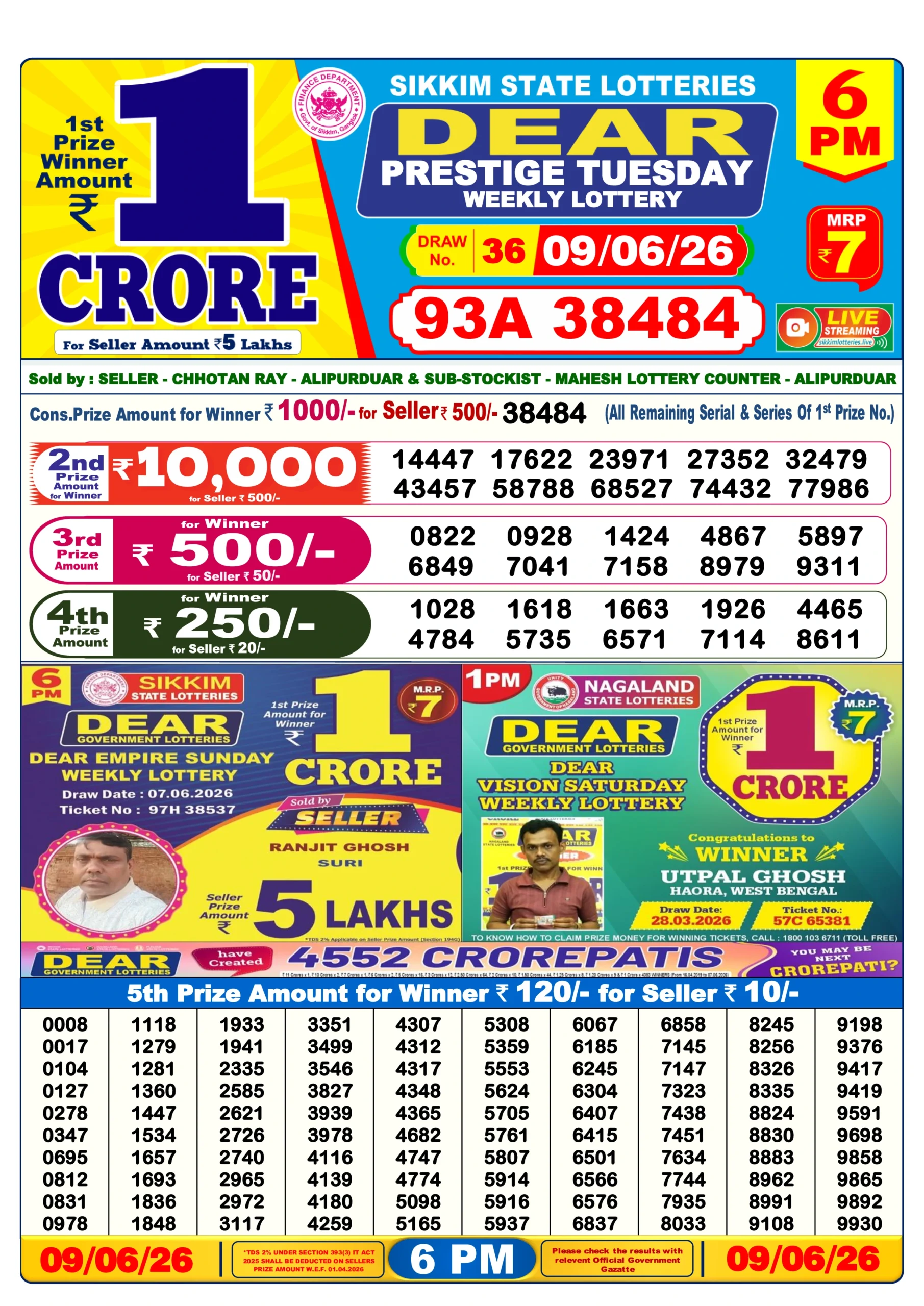 dear lottery 6 pm Dear Lottery Result Today 6 pm 09/06/2026