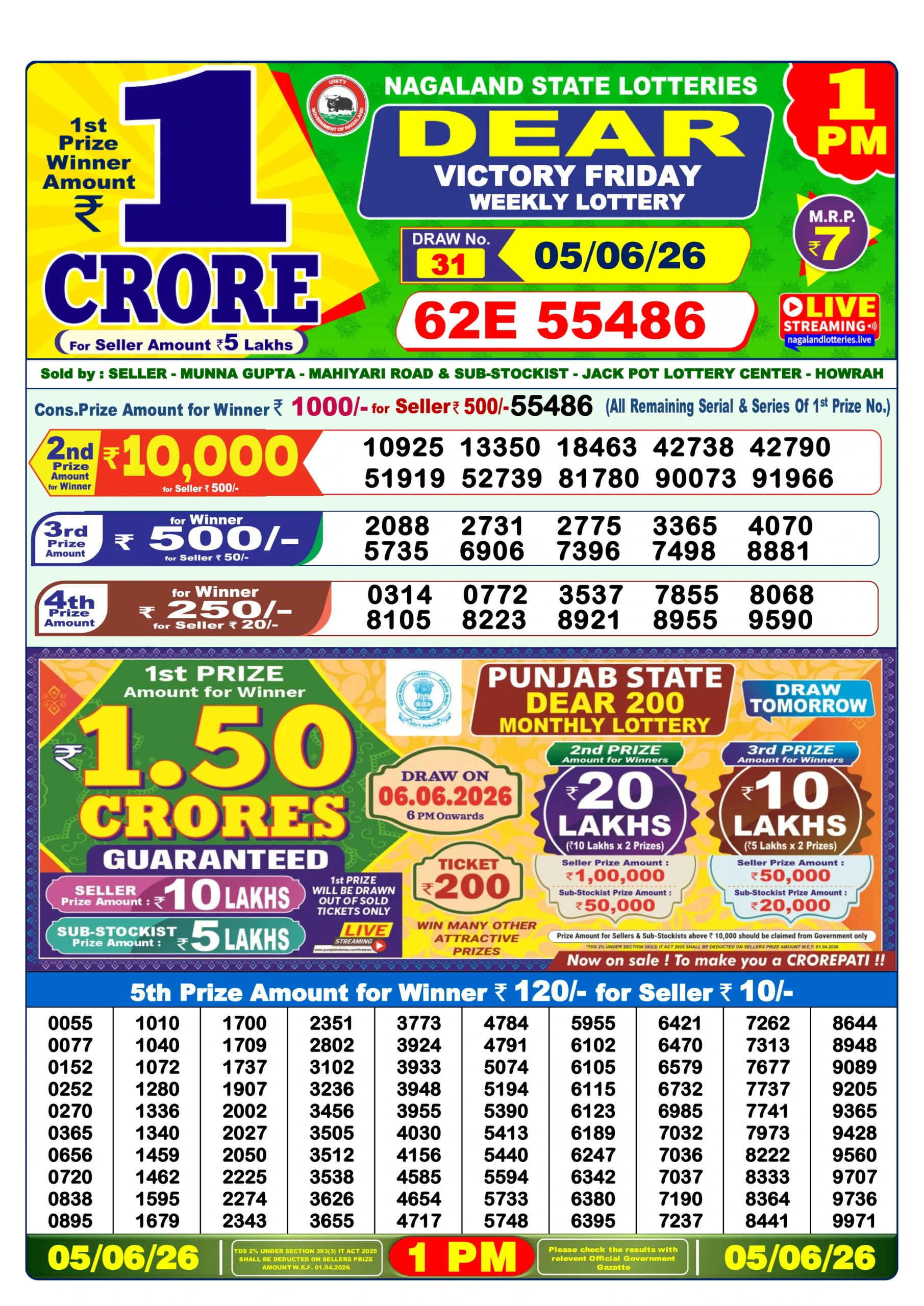 Dear Lottery Result Today 1 pm 05/06/2026