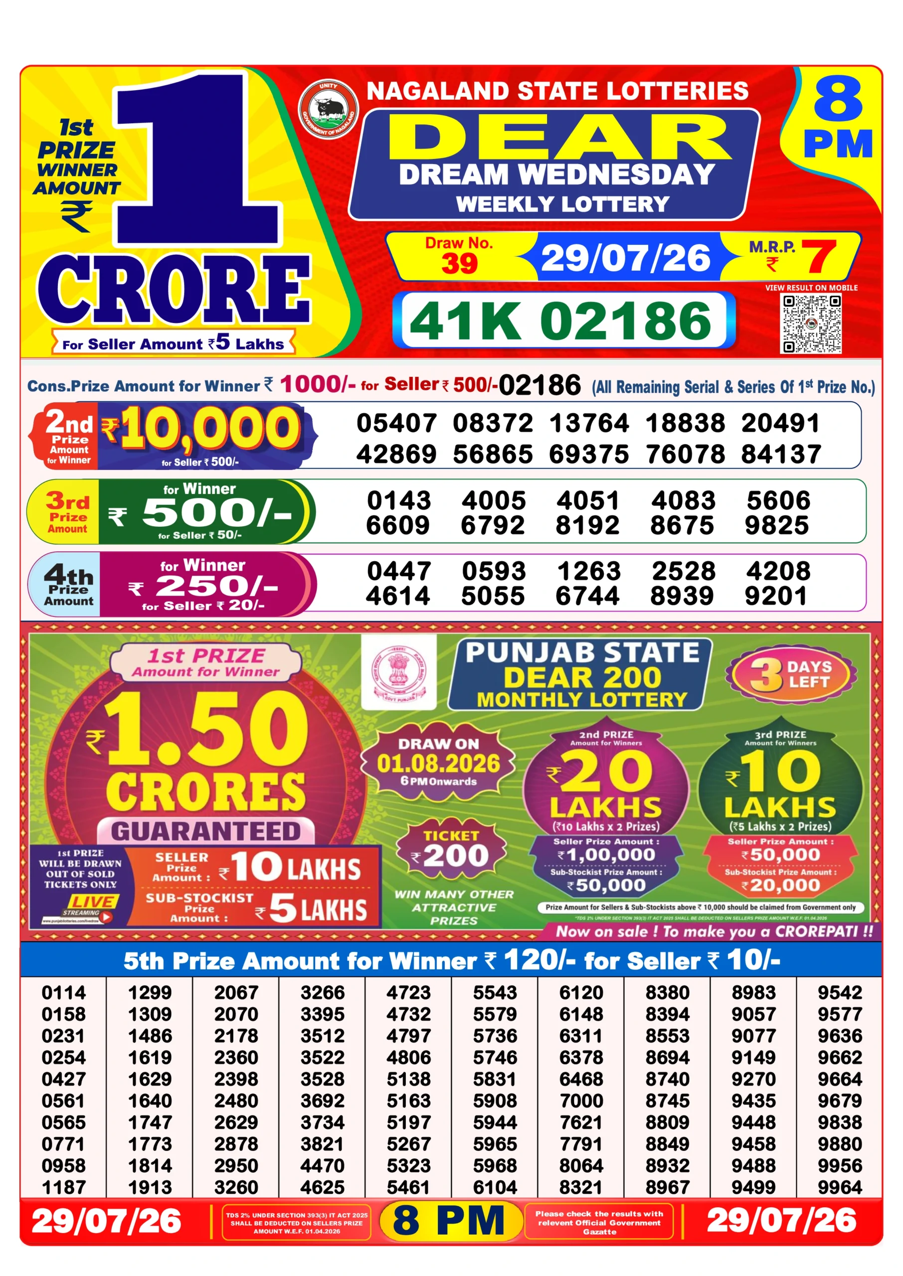 Dear Lottery Result 8 pm 29/07/2026