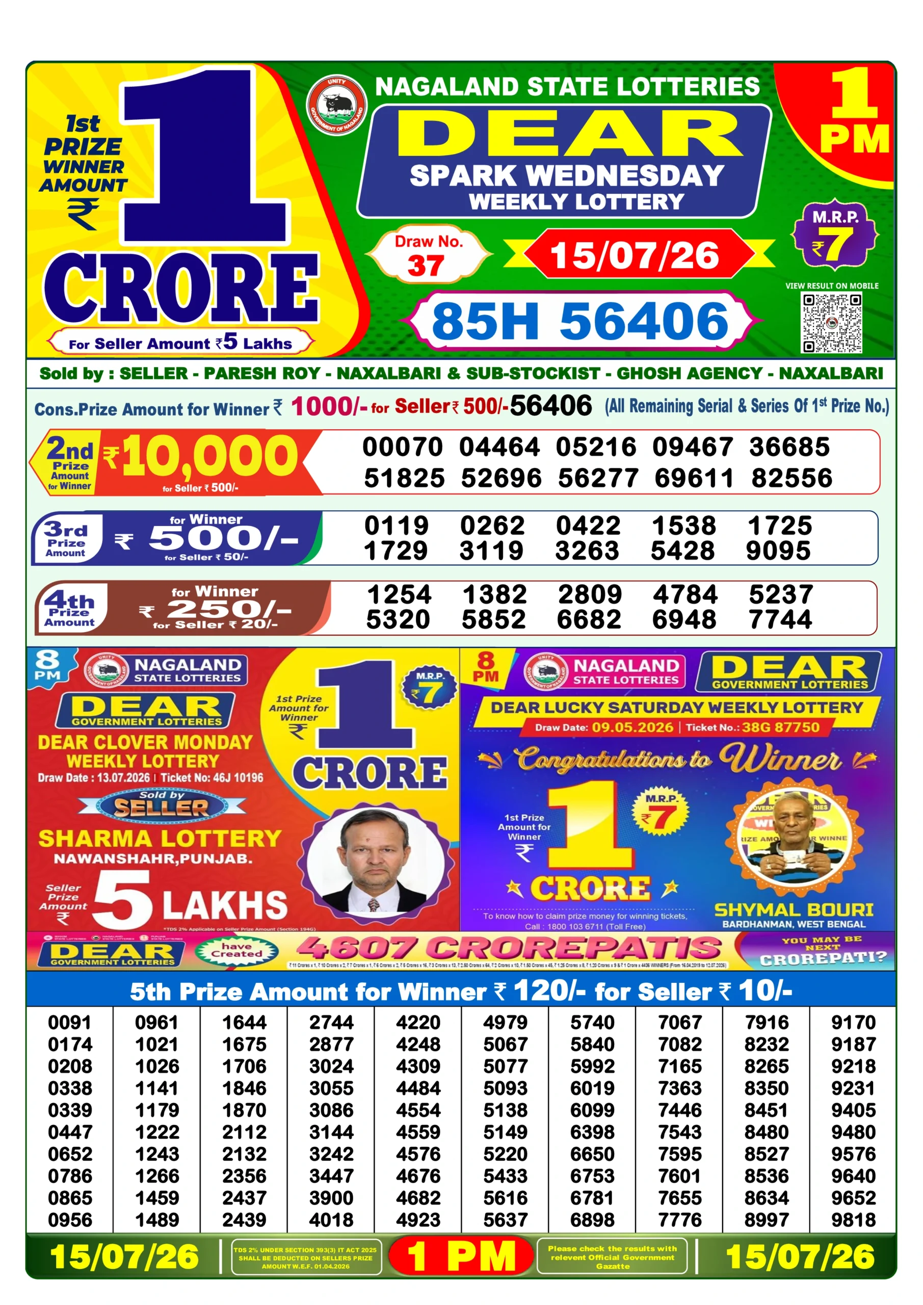 dear lottery 1 pm Dear lottery result today 1 pm 15/07/2026