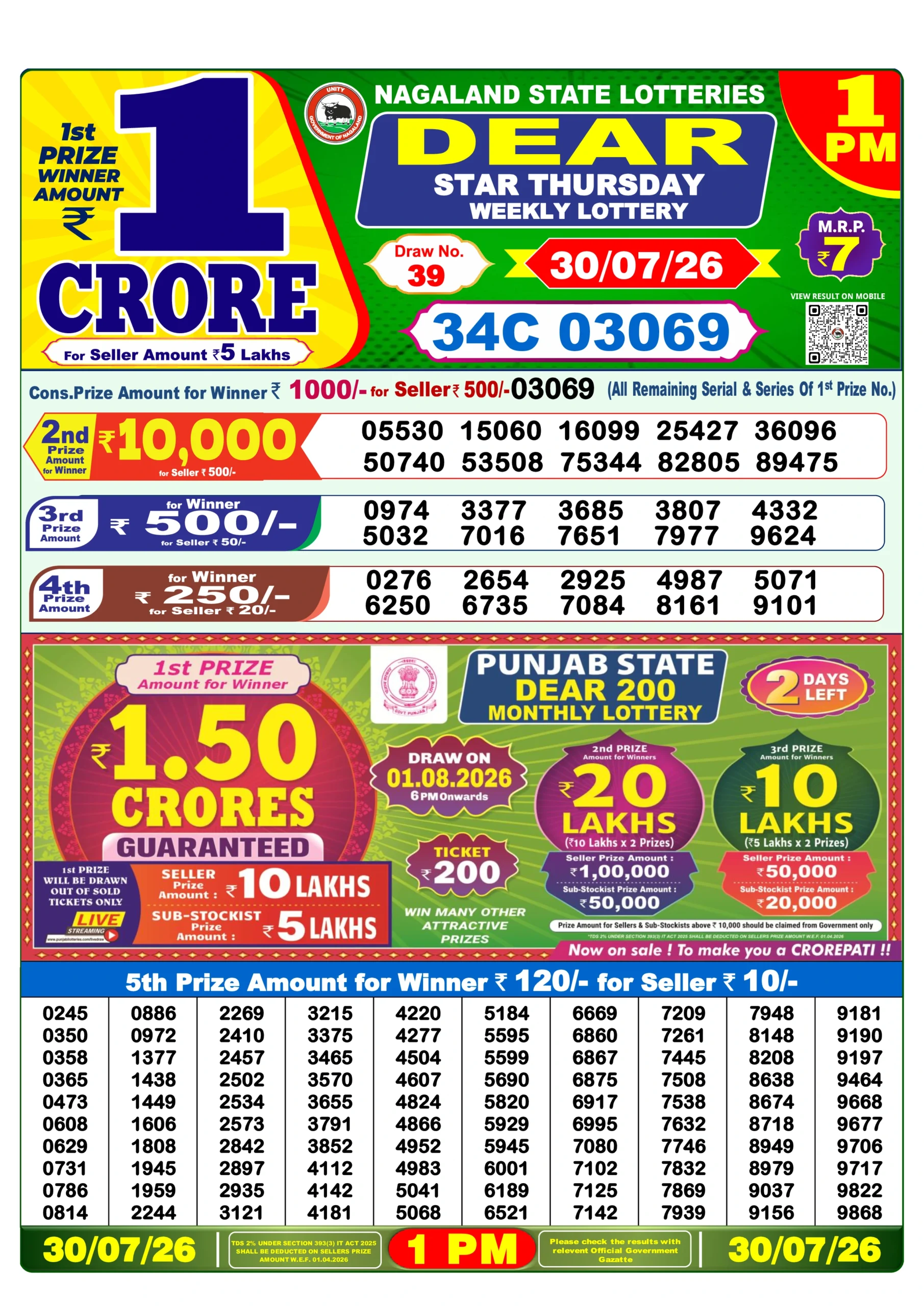 dear lottery 1 pm Dear lottery result today 1 pm 30/07/2026