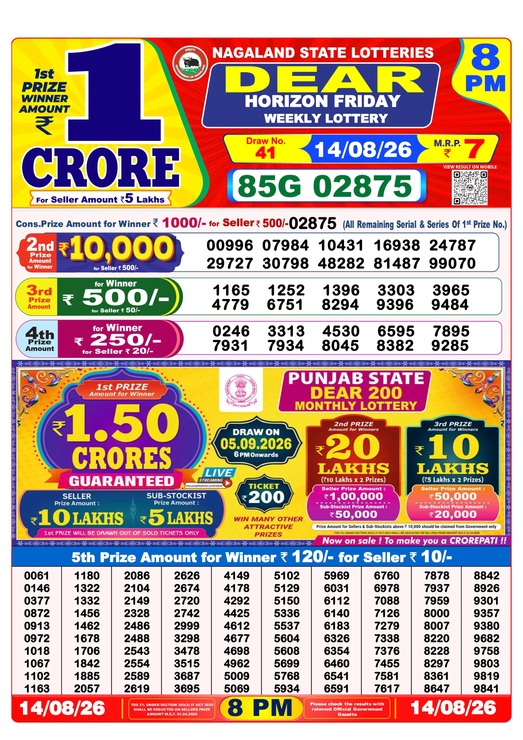 EN140826 Dear Lottery Result Today 8 PM (15 August 2026)