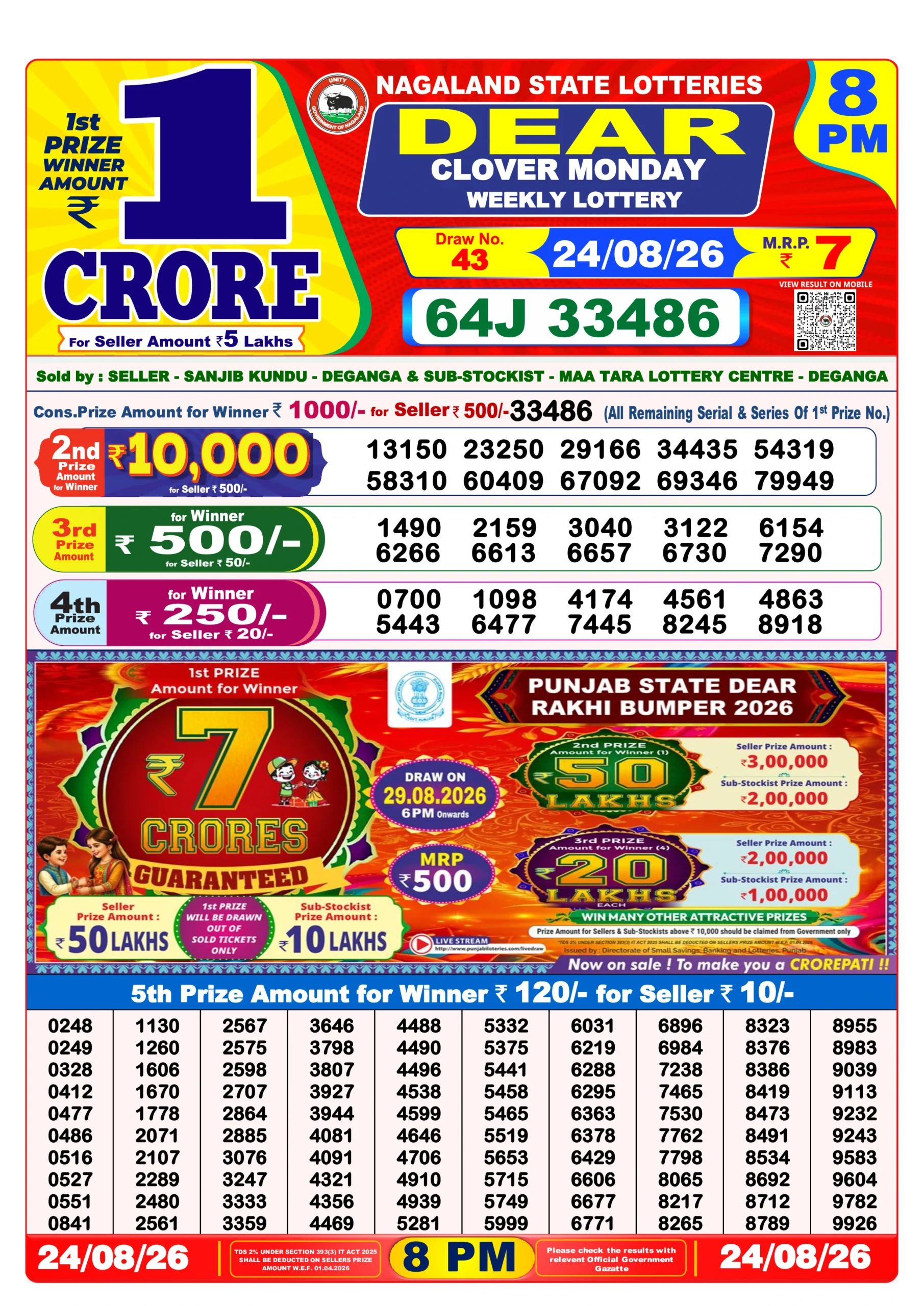 Dear Lottery Result Today 8 PM (25 August 2026)