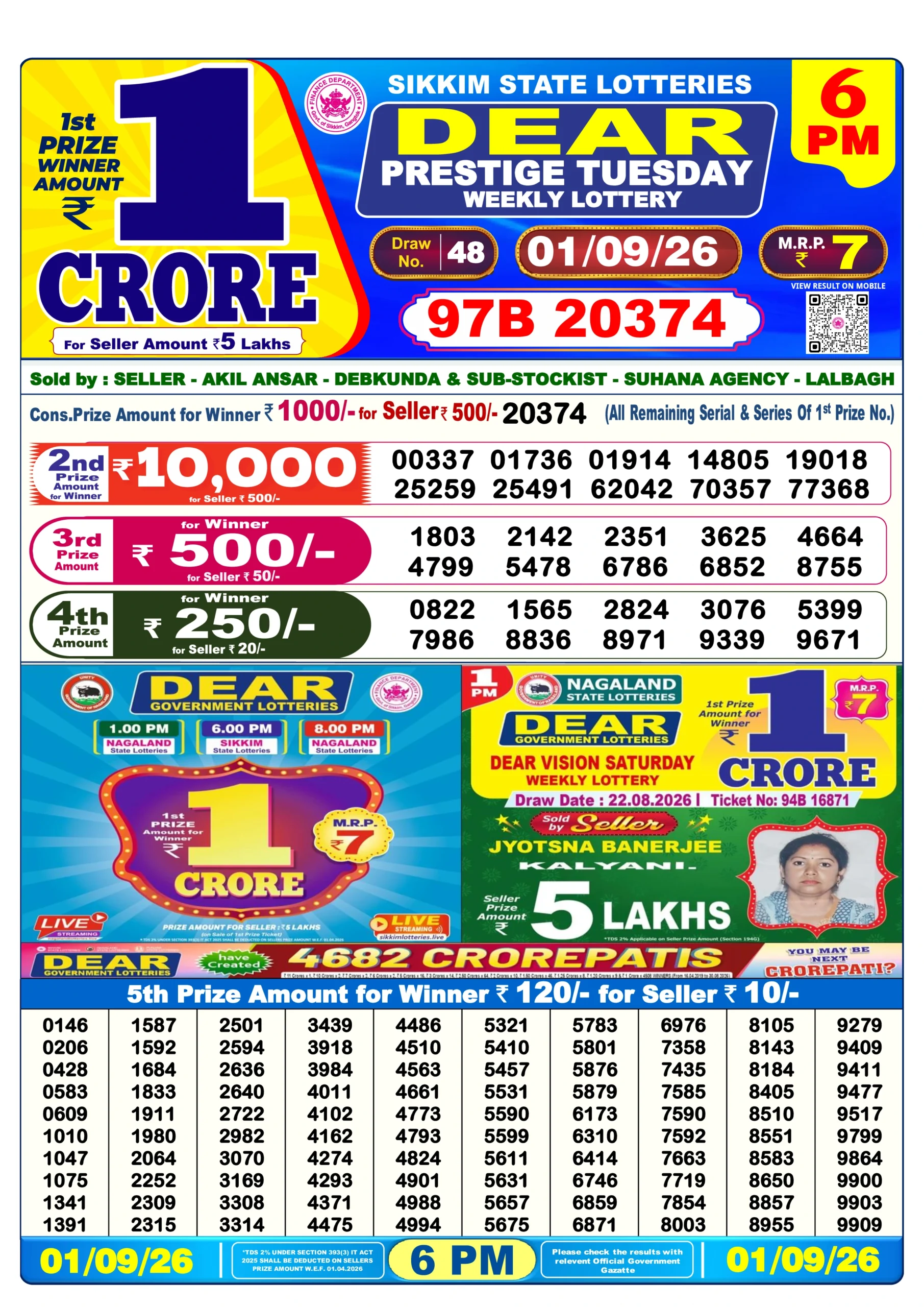 Dear Lottery Result Today 6 PM (01 September 2026)