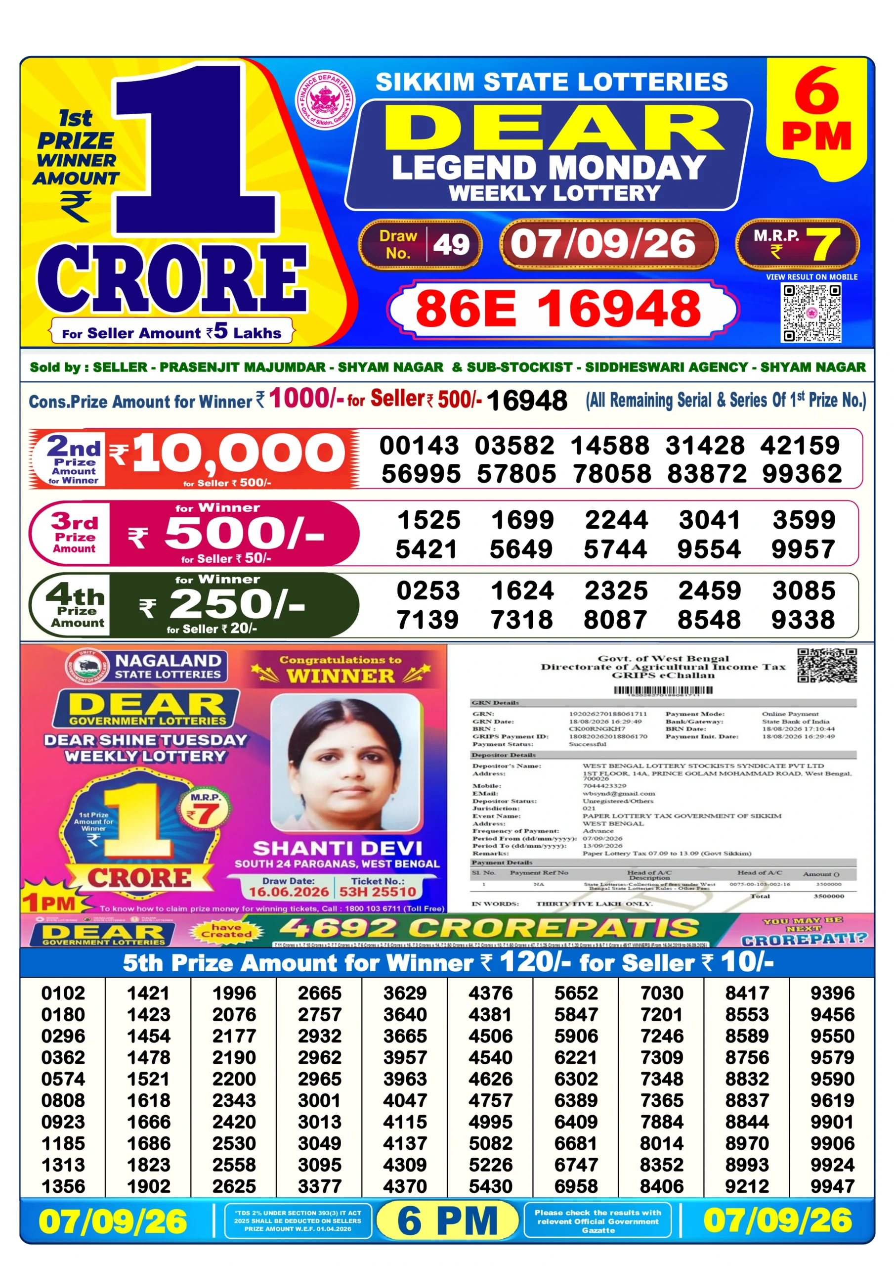 Dear Lottery Result Today 6 PM (08 September 2026)