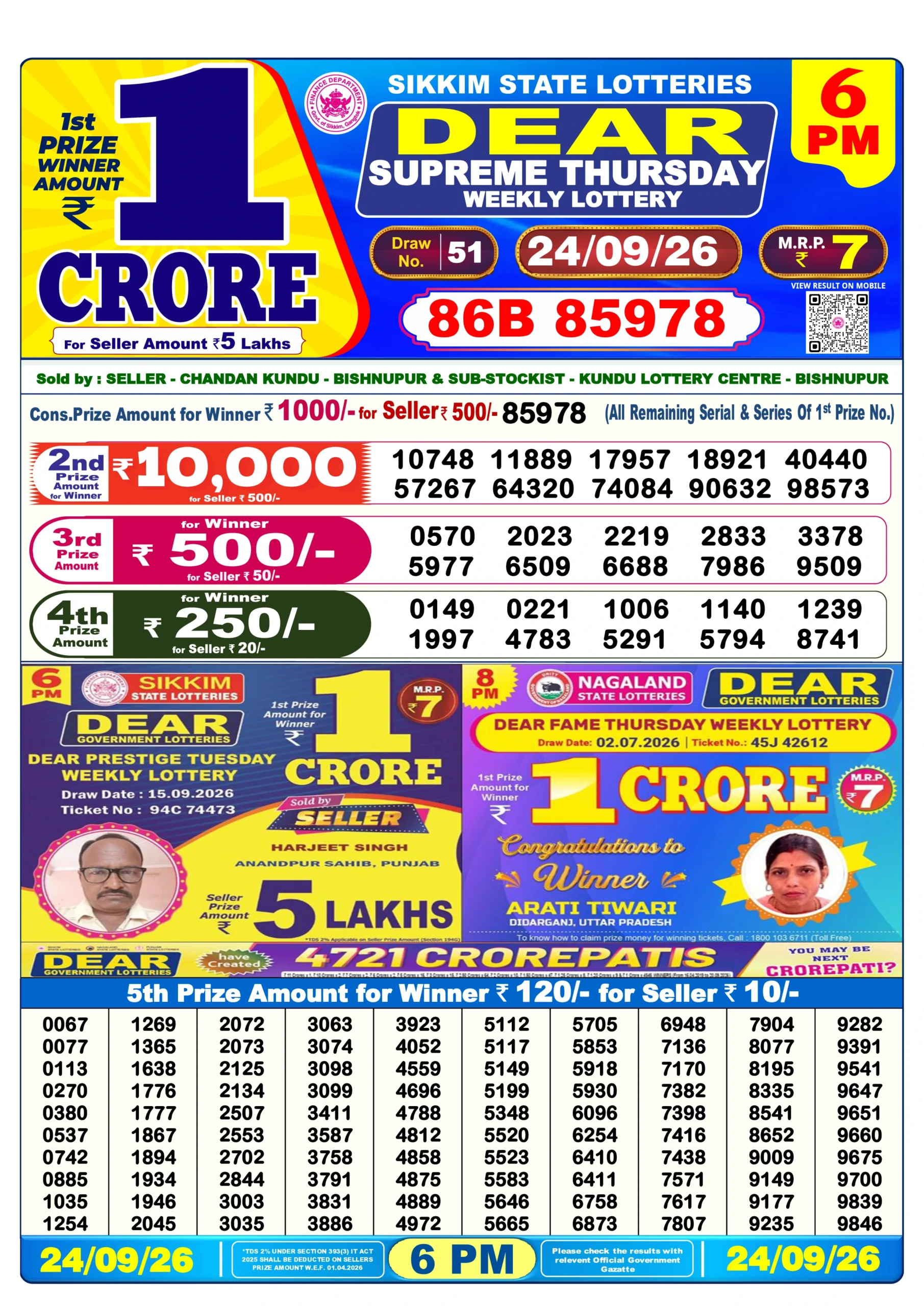 DN240926 Dear Lottery Result Today 6 PM (25 September 2026)