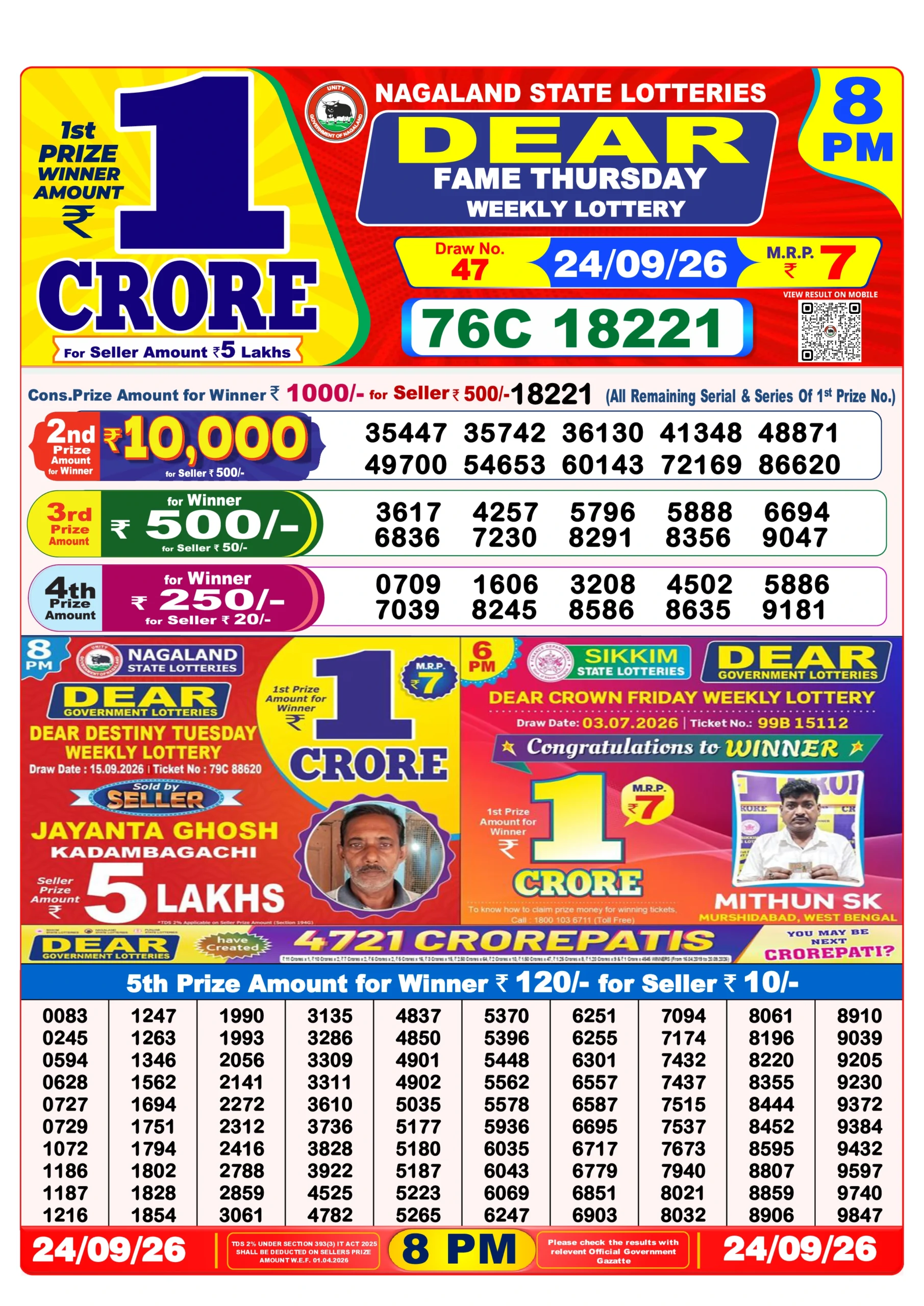 EN240926 Dear Lottery Result Today 8 PM (25 September 2026)
