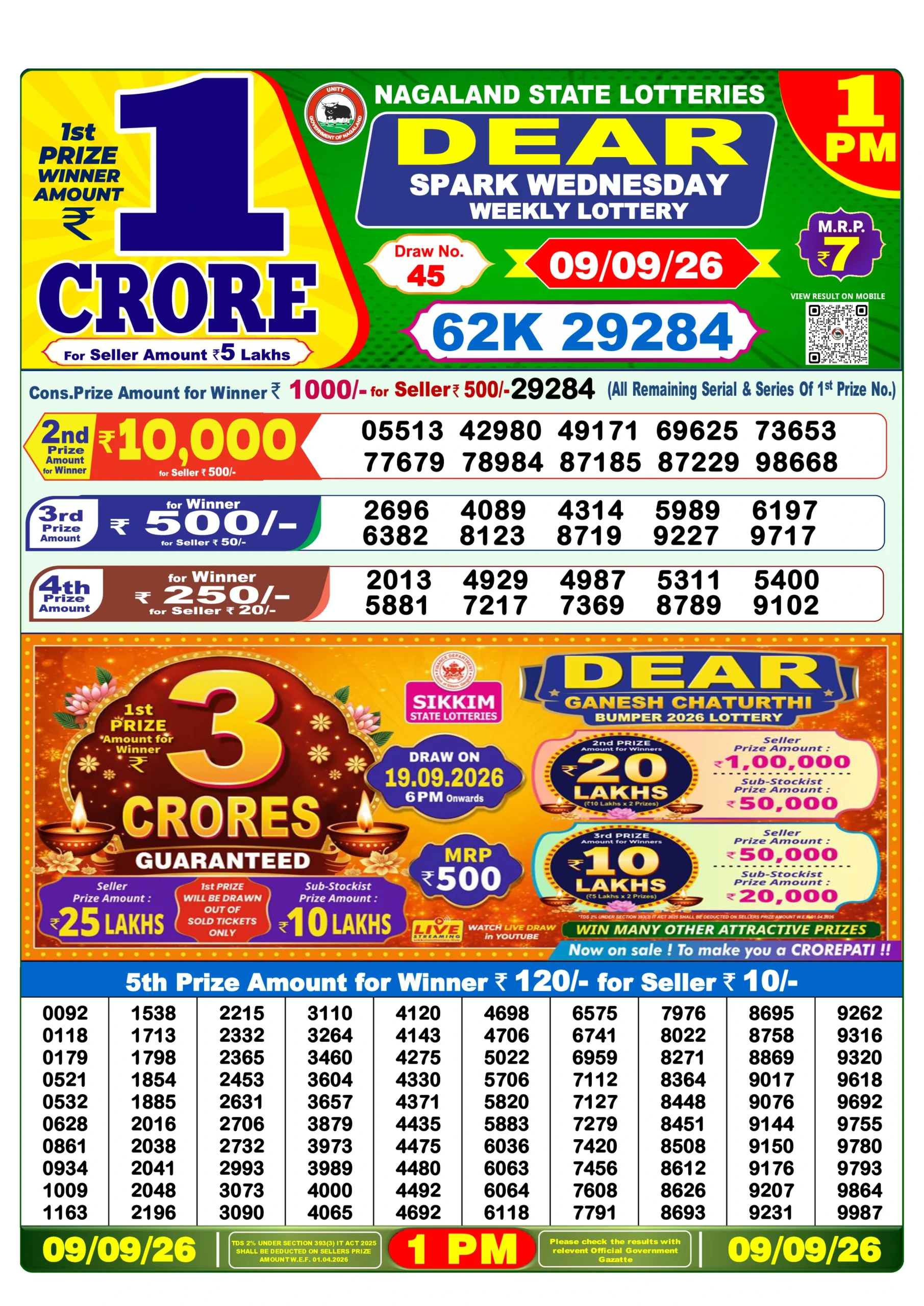 MN090926 DEAR Lottery Result Today 1 PM (09 September 2026)
