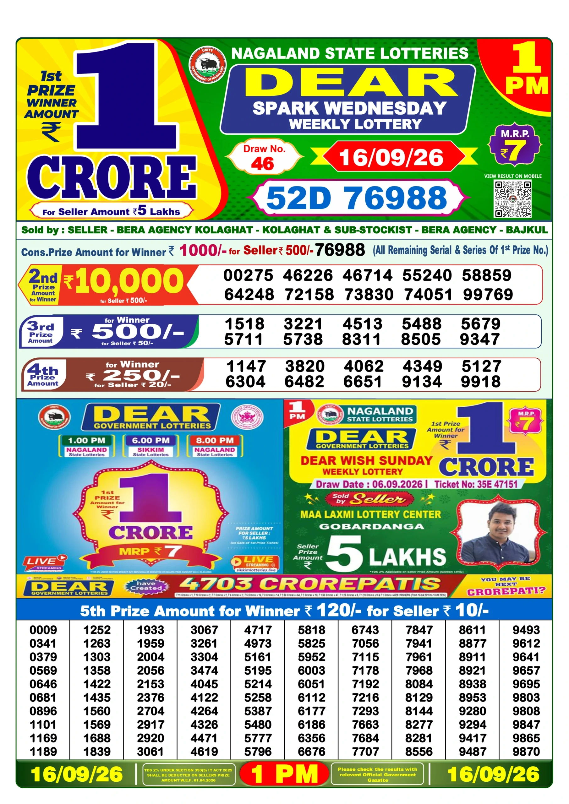 MN160926 DEAR Lottery Result Today 1 PM (16 September 2026)