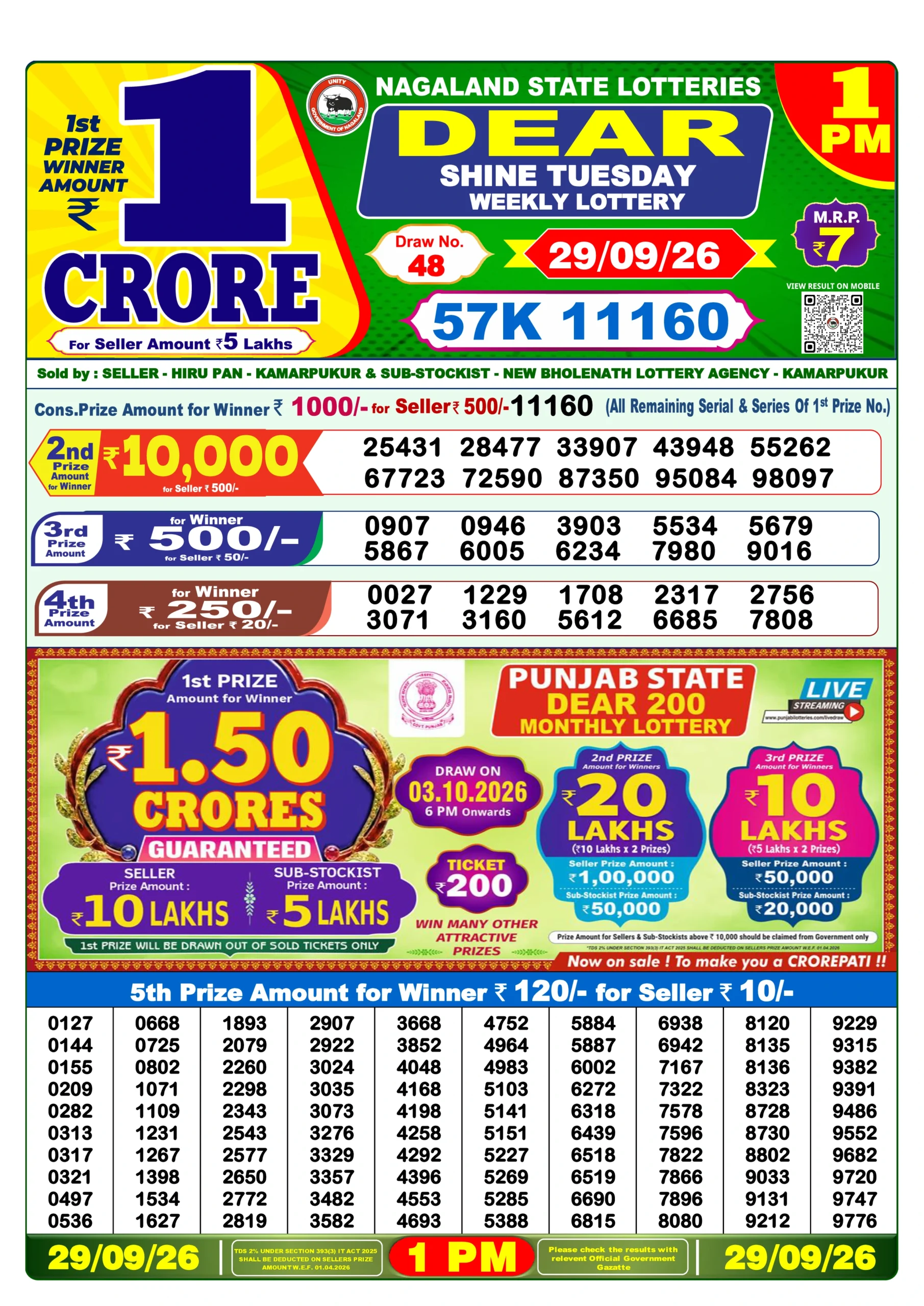 DEAR Lottery Result Today 1 PM (30 September 2026)