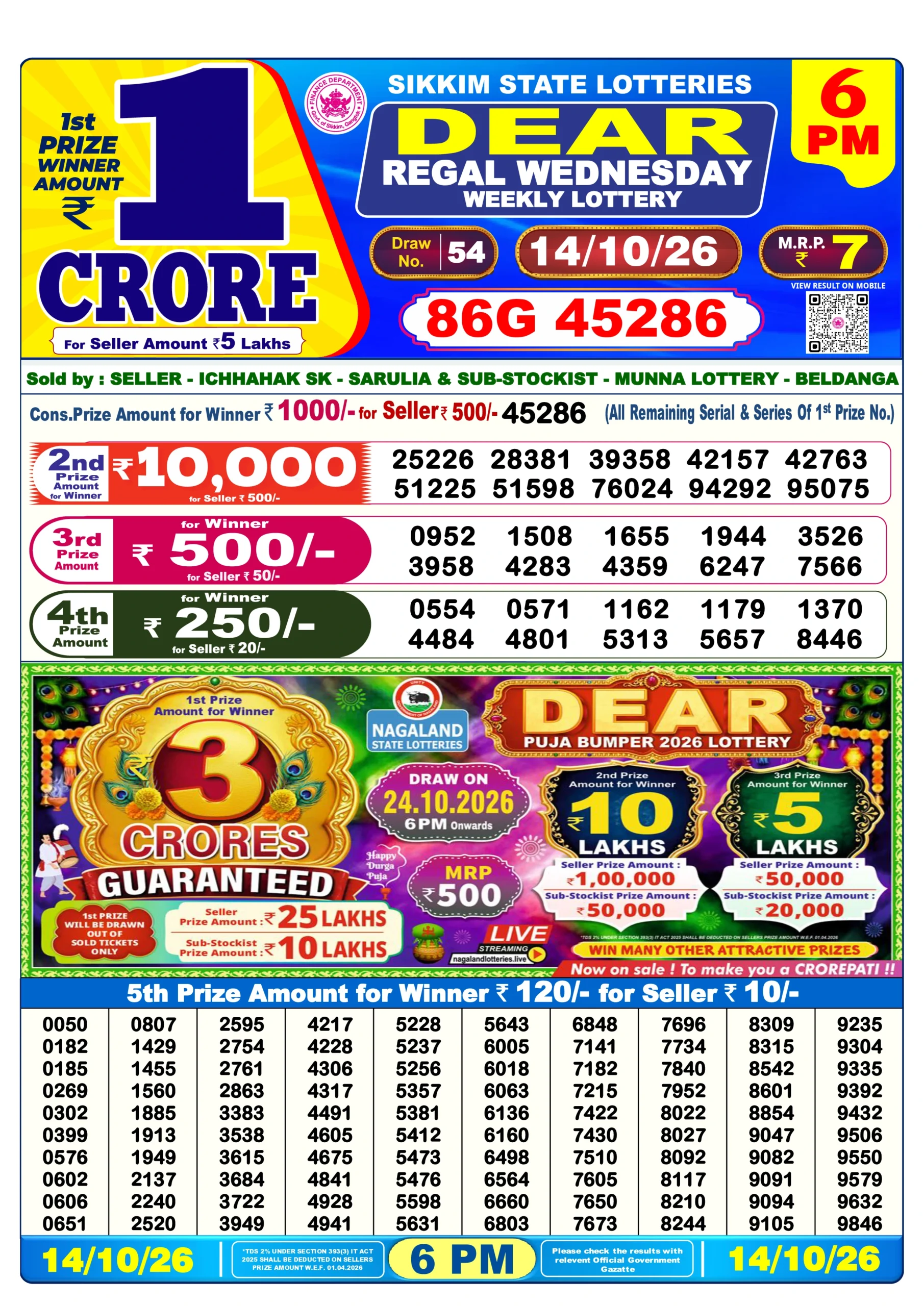 DN141026 Dear Lottery Result Today 6 PM (16 October 2026)
