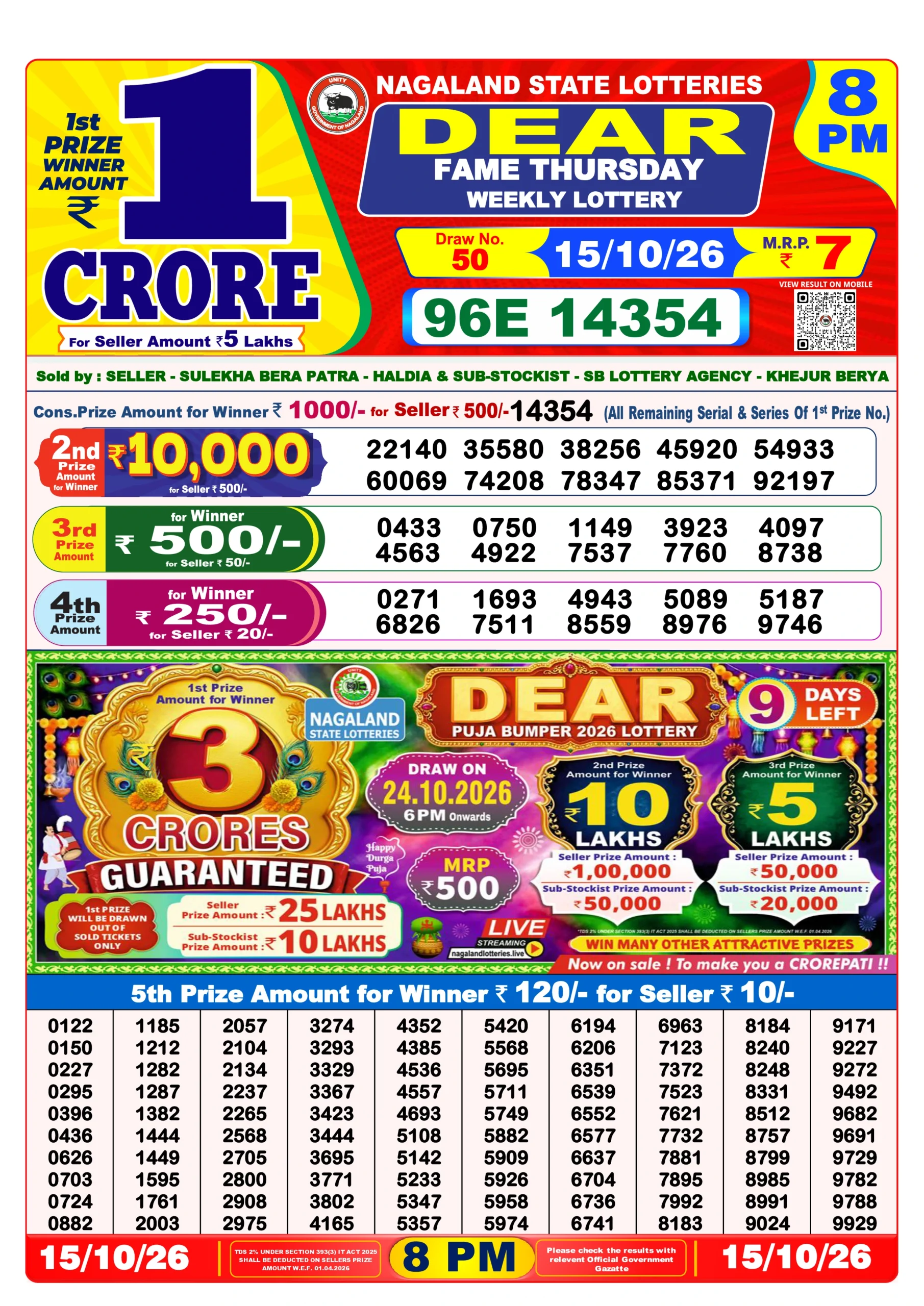 EN151026 Dear Lottery Result Today 8 PM (15 October 2026)