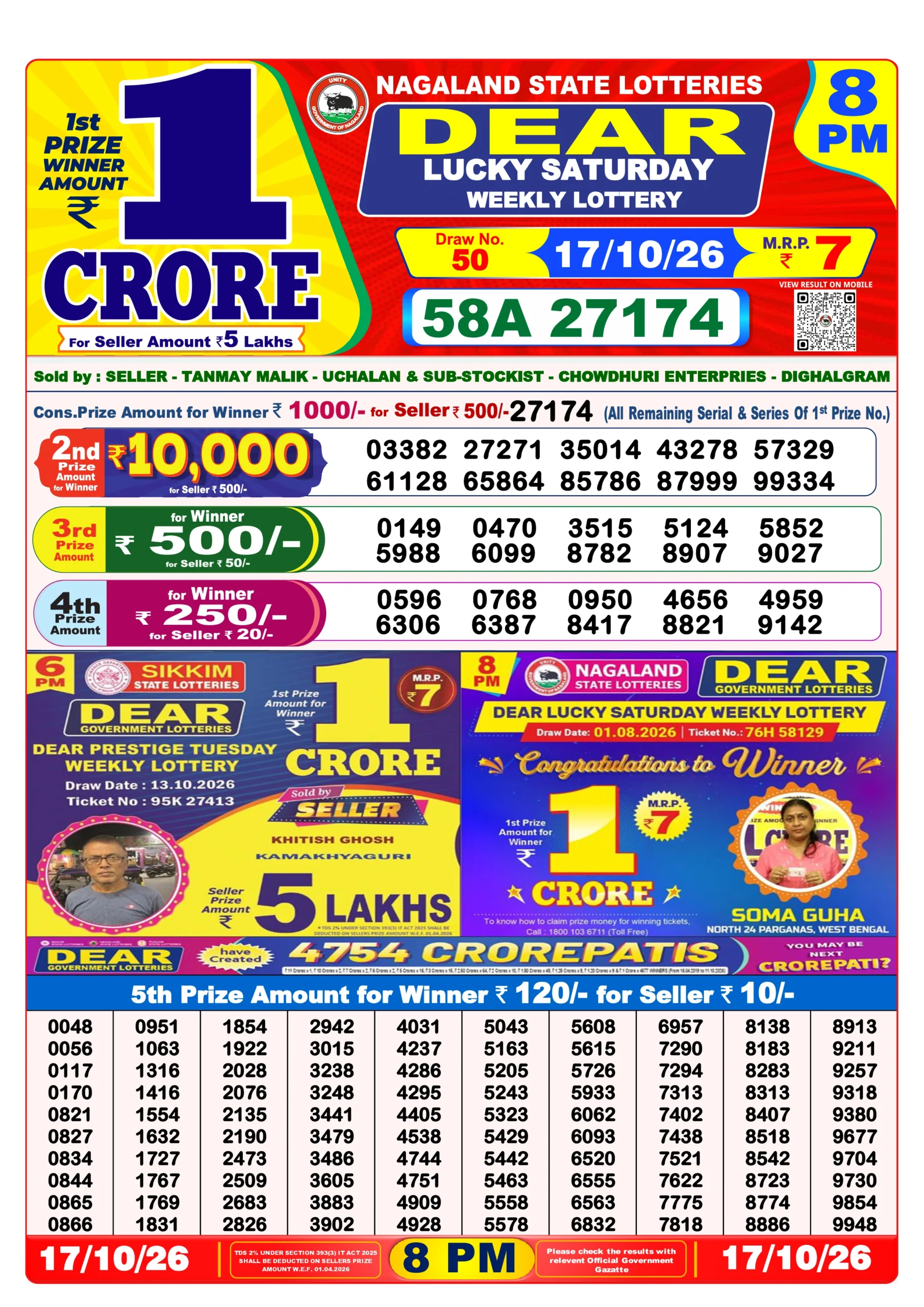 EN171026 Dear Lottery Result Today 8 PM (19 October 2026)