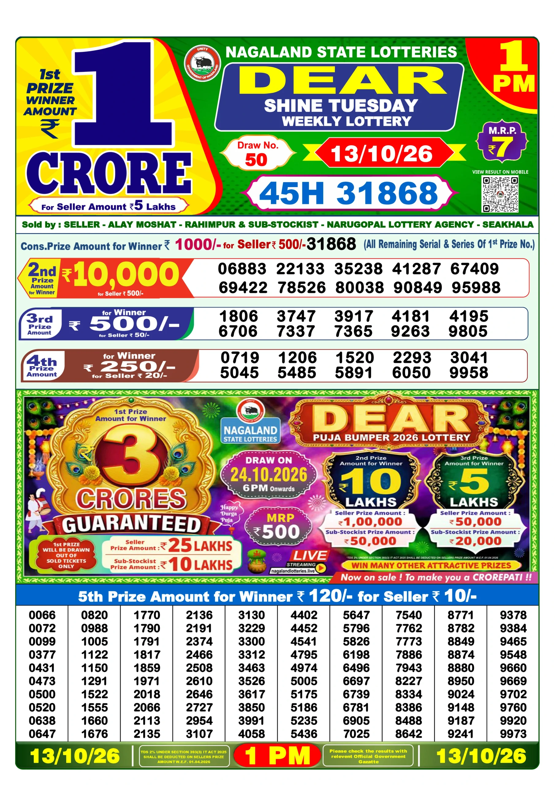 DEAR Lottery Result Today 1 PM (13 October 2026)